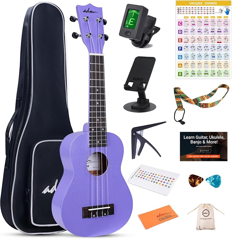 ADM Ukulele Beginner Kit Mahogany Hawaiian Wood Ukelele Bundle Ukalalee Set with Uke Free Starter Lessons for kids Students and Adults, Yellow Brown (Purple, 21 Inch)