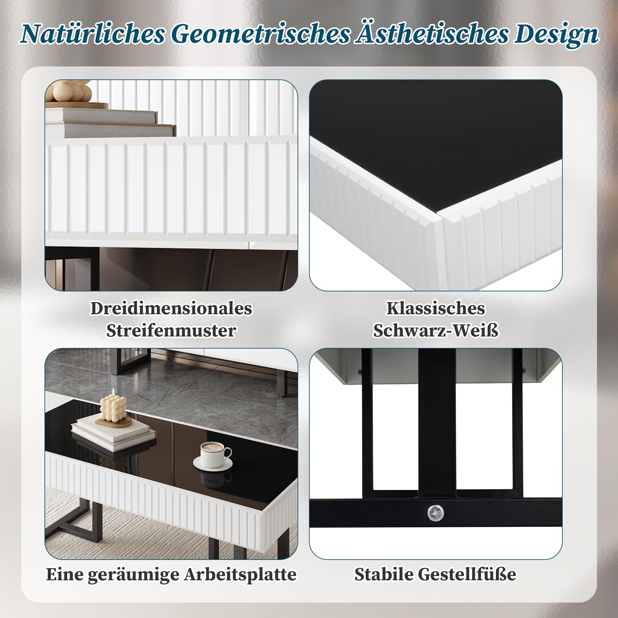 Couchtisch mit Hochglänzende Tischplatte, Coffee Table mit Stauraum, Kaffeetisch, Sofa Tisch, für Wohnzimmer/Esszimmer/Flur, 110 x 50 x 41cm, Minimalistische Design, Schwarz-Weiß