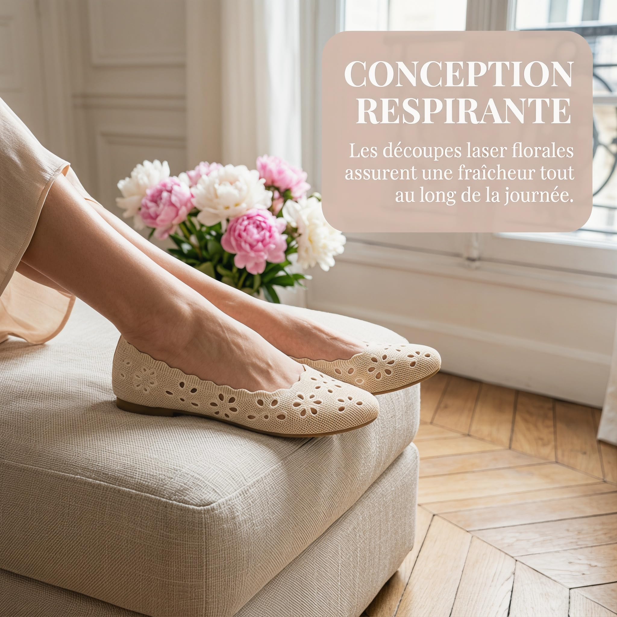 GLAMORA Ballerines Femme Dentelle Ajourée Bout Rond Chaussures Plates Tissu Respirant Semelle Souple Antidérapante Confort Léger Ballerine Femme Élégantes Été