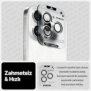 Original Sapphire Glass (99.9% Purity Real Sapphire) Compatible with Minesk iPhone 15 Pro / 15 Pro Max Same Material Lens Protective Camera Glass (Silver) as Device's Own Lenses