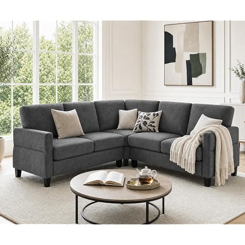 84'' L Shape Couches for Living Room, Small Corner Sectional Sofa, 5 Seater Linen-Blend Fabric Couch with Springs Cushion, Comfy L Shaped Sofa for Apartment, Small Space, Dark Grey