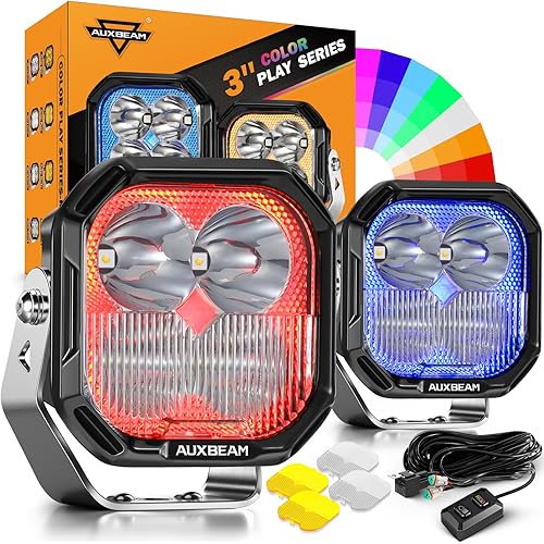 Auxbeam RGB Color Changing 3" LED Pods 116W Off-Road Lights 7+1 Ambient Backlight Gradient Cycle Accent Lighting, Spot Flood Combo, Amber White Lens Covers, Color Play Series