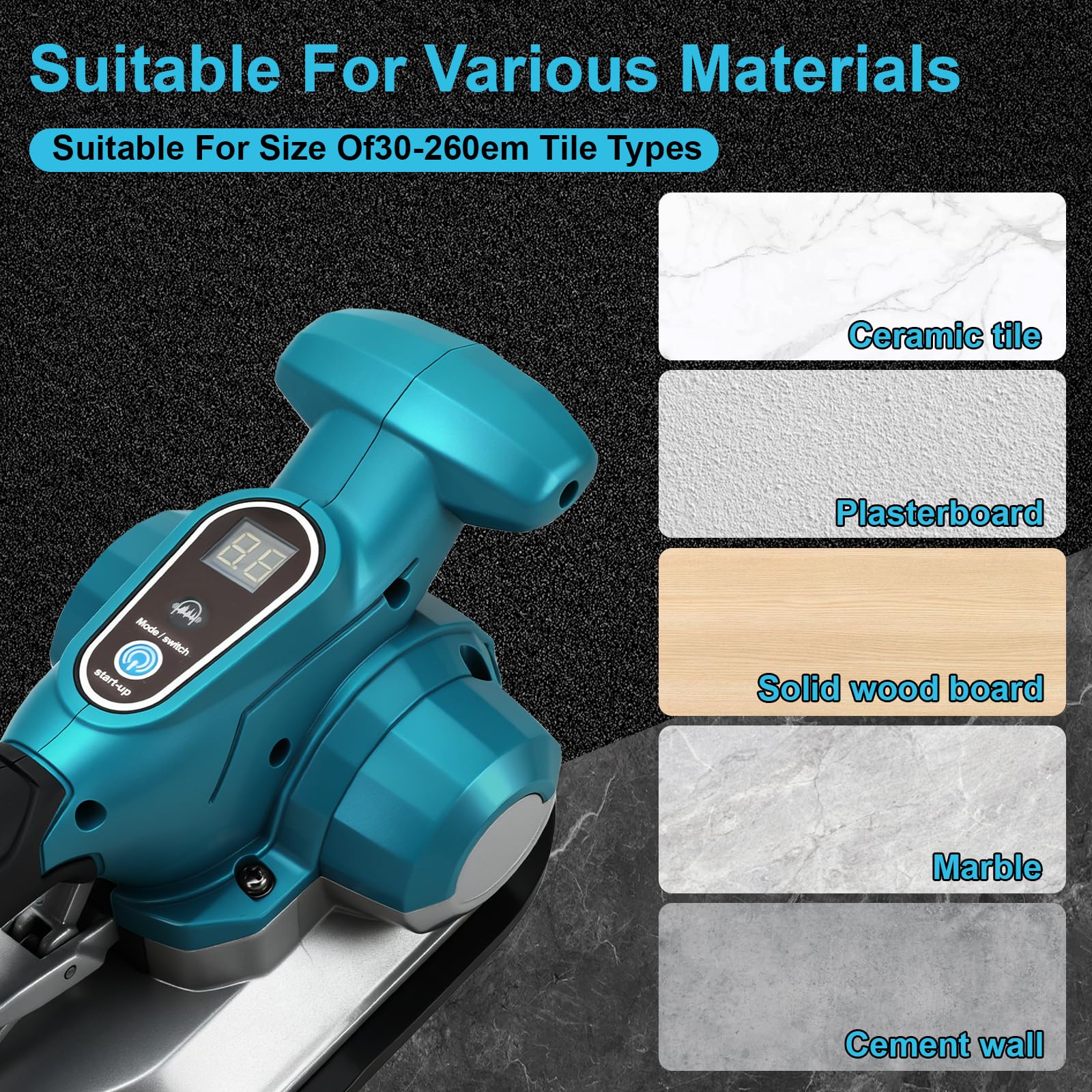 Vibrador de azulejos con batería, compatible con batería Makita de 18 V (sin batería incluida), colocador de azulejos con 6 marchas ajustables, ventosa de 20 cm, fuerza de sujeción de 200 kg, pantalla