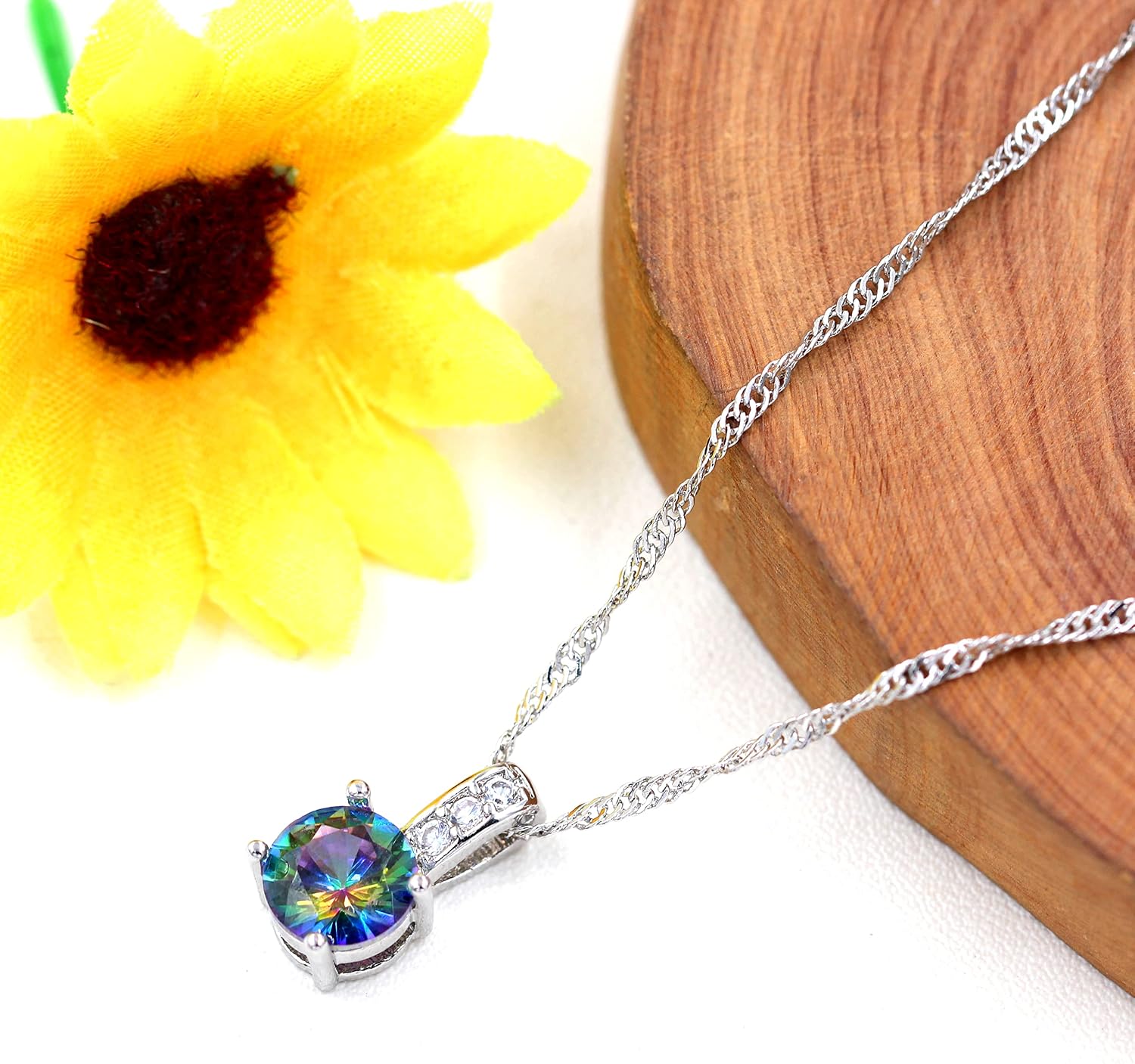 Uloveido 10mm Simulated Mystic Topaz Rainbow Heart Cubic Zirconia Solitaire Pendant Necklace Platinum Plated Y891 image 5