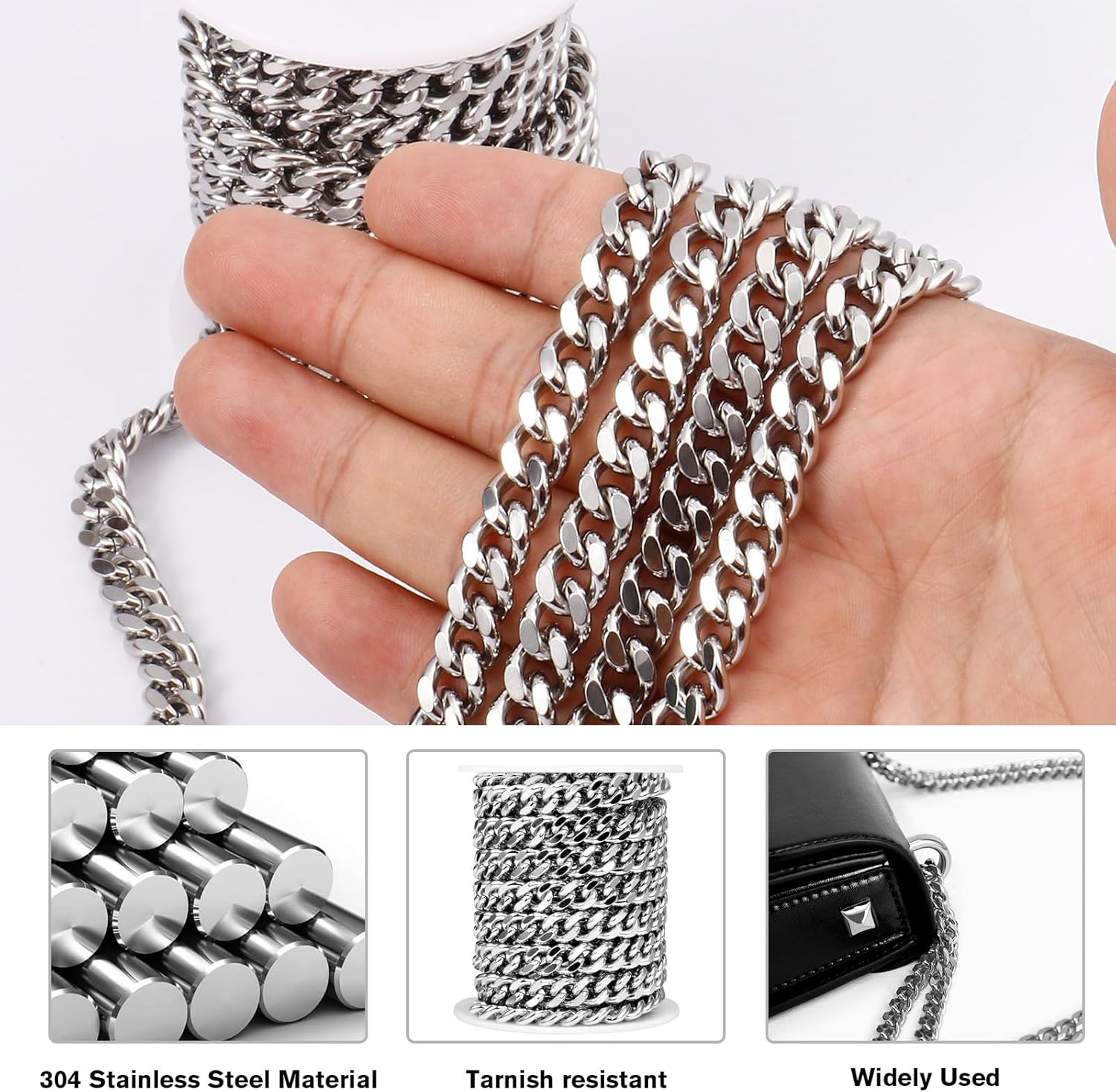 16.5 Feet Stainless Steel Cuban Chains Roll, 9mm Width Chunky Curb Link Chains Spool Bulk for Jewelry Meking - Image 3