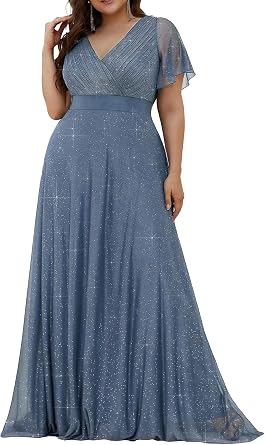 Ever-Pretty Plus Womens Glitter Formal Dress Evening Gown for Gala V-Neck Short Sleeve Floor Length Plus Size Prom Dresses
