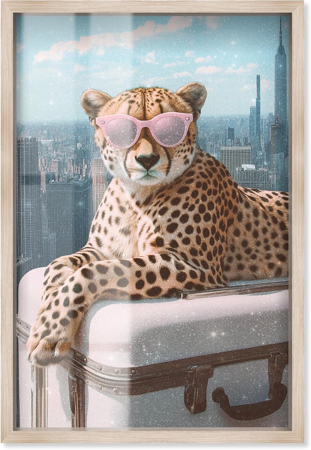 Art Remedy Cheetah Luggage NYC Shadowbox Print Glam Wall Decor, Blonde Frame, 36 x 54