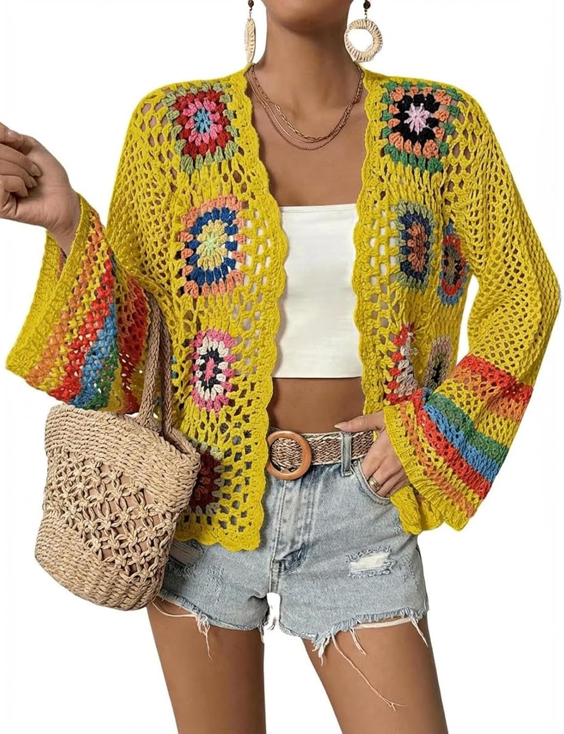 IDEALSANXUN Womens Floral Crochet Cardigan Sweaters Hollow Out Lightweight Jackets