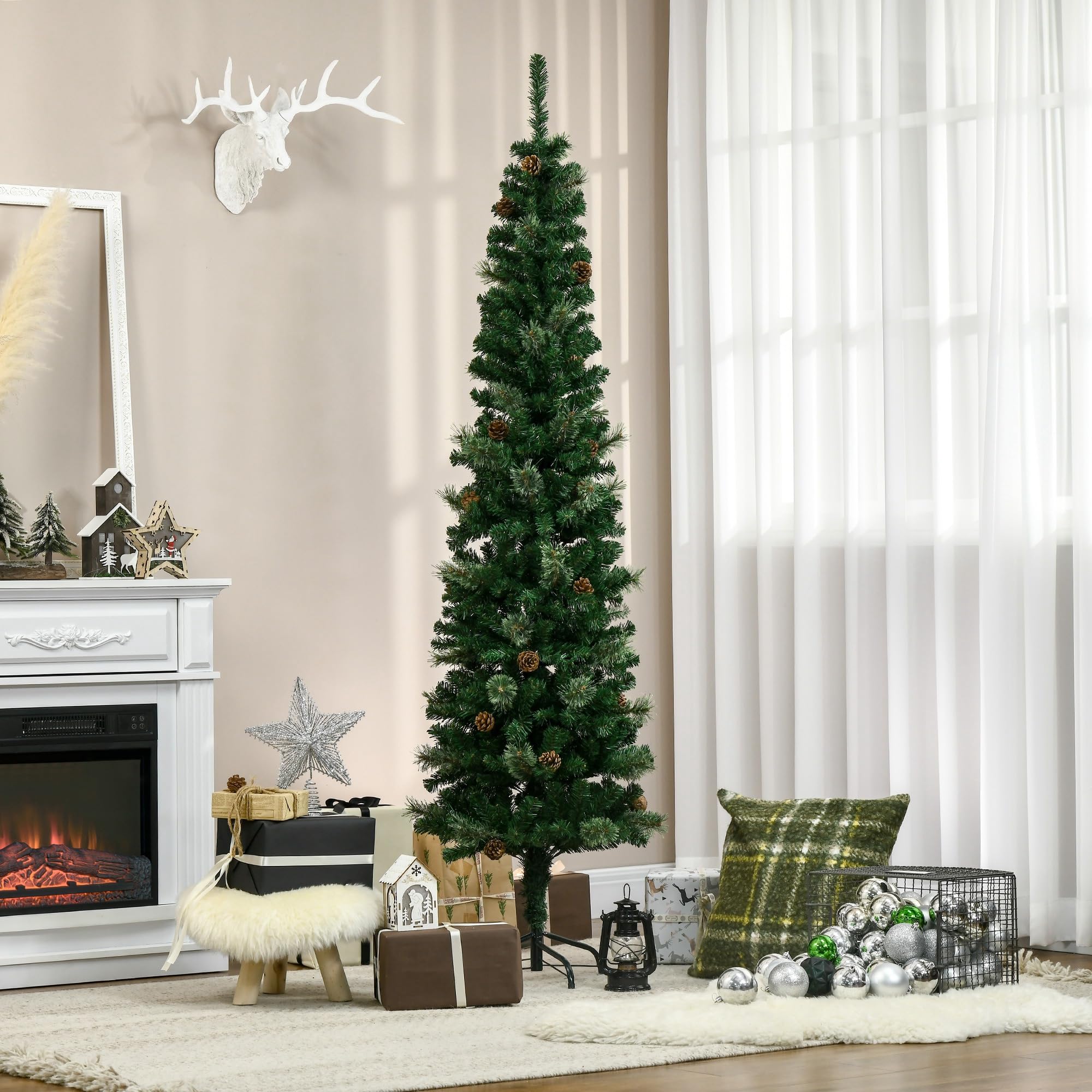 HOMCOM Árbol de Navidad Grande 195 cm Árbol de Navideño de 556 Ramas Árbol de Navidad Estrecho Forma de Lápiz con 25 Piñas Base Plegable Verde