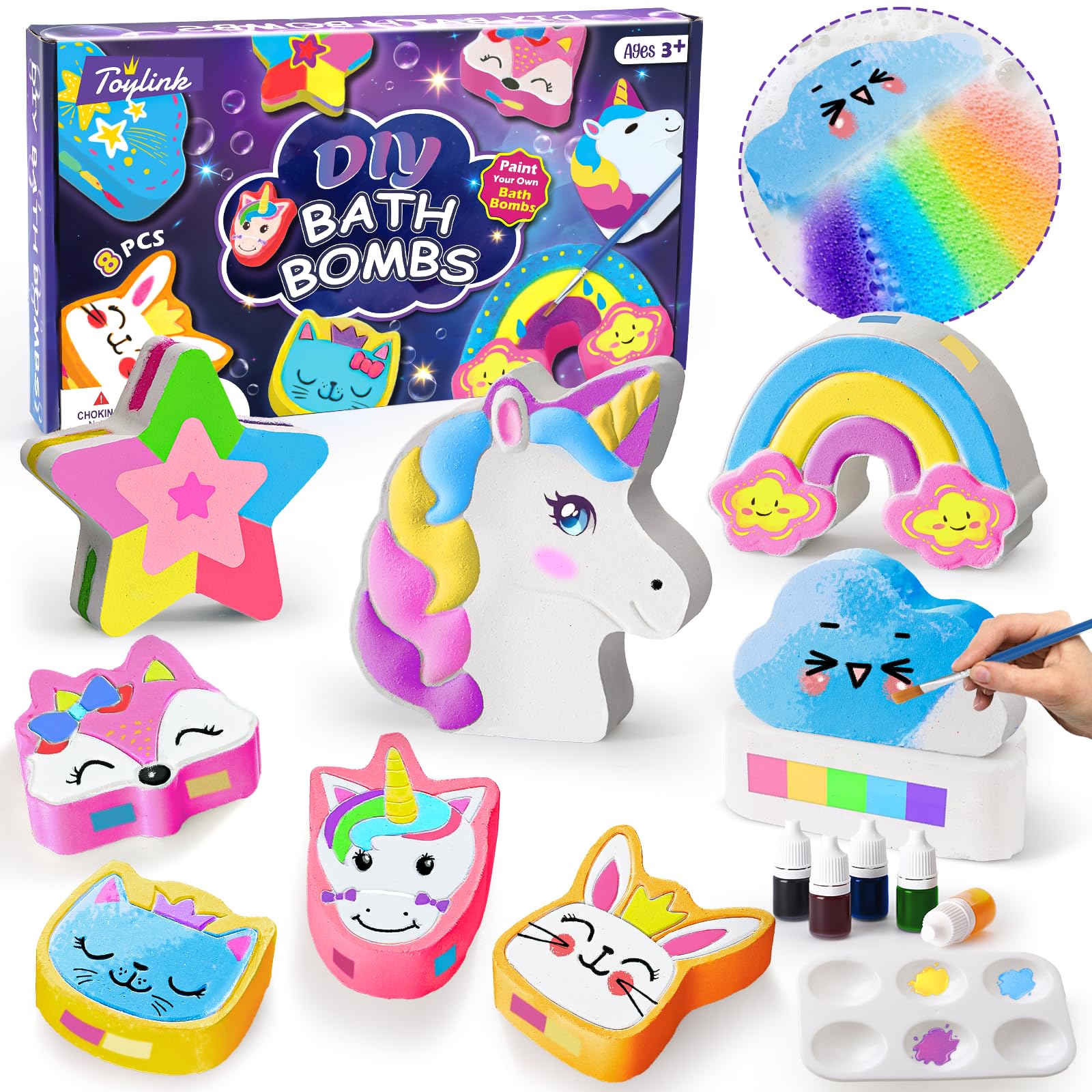 Paint Your Own Bath Bombs Kit for Kids, 8 Pack DIY Unicorn Cloud Rainbow Bath Bombs for Girls Spa Kit Activity Crafts Handmade Bubble Bath Fizzies Birthday Christmas Gift Set
