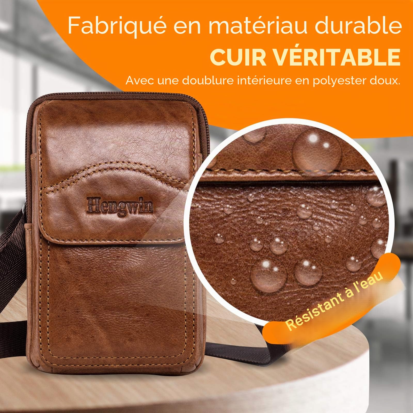 Sac de Ceinture en Cuir véritable Sacs à bandoulière Étui de Support de téléphone Portable pour iPhone 16 15 14 13 12 11 Pro Max Samsung S25 S24 S3 Ultra S25+ Sac de Ceinture (Brun)