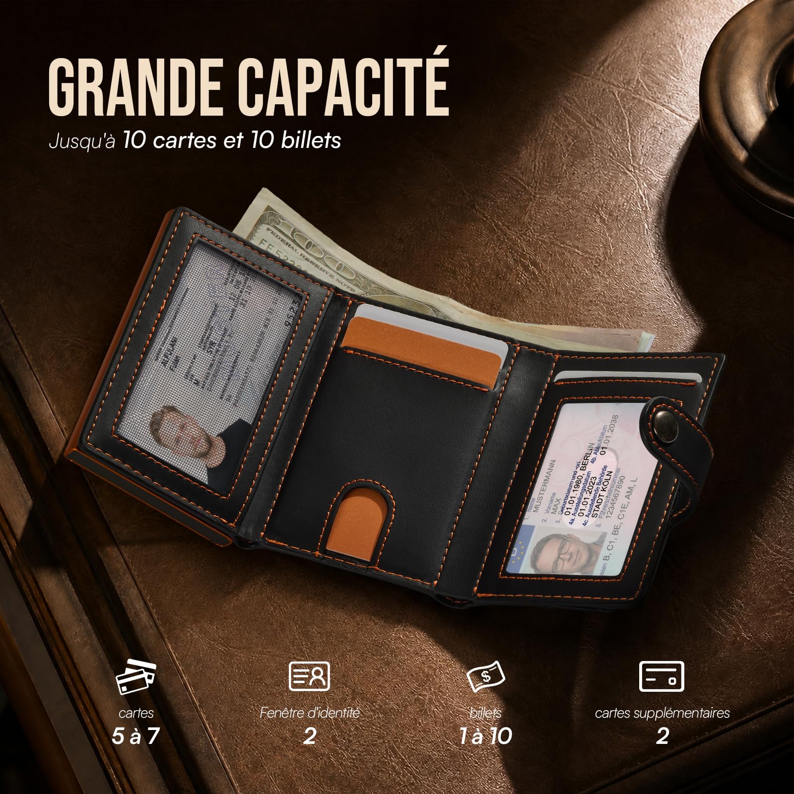 YESIIW Porte Carte Homme - Portefeuille Homme Pop Up Cuir Protection RFID - pour 7-9 Cartes & 2 ID Fenêtre - Pochette à Monnaie Magnétique - Porte Carte Slim - Idéal Métro Bureau Voyage - Noir