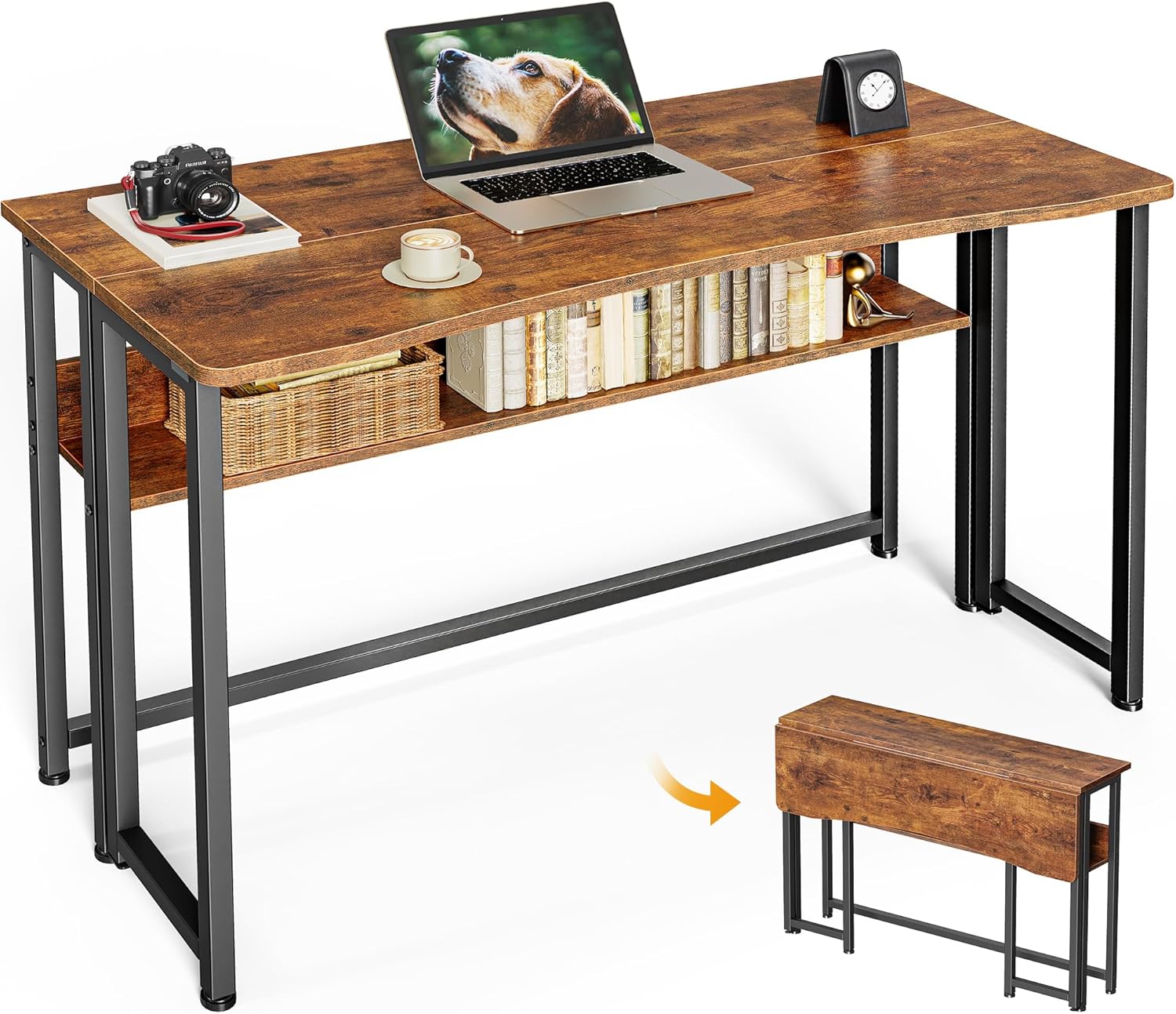 Huuuger 39.3" Folding Desk with Storage Shelf - Foldable Computer Table for Small Spaces, Space-Saving Sofa Side Desk, Rustic Brown