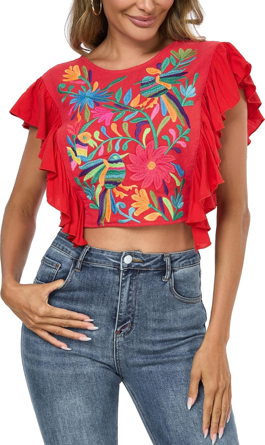 2025 Women's Embroidered Tops Boho Mexican Shirt Sexy Floral Ruffle Short Sleeve Backless Going Out Crop Tunics Top