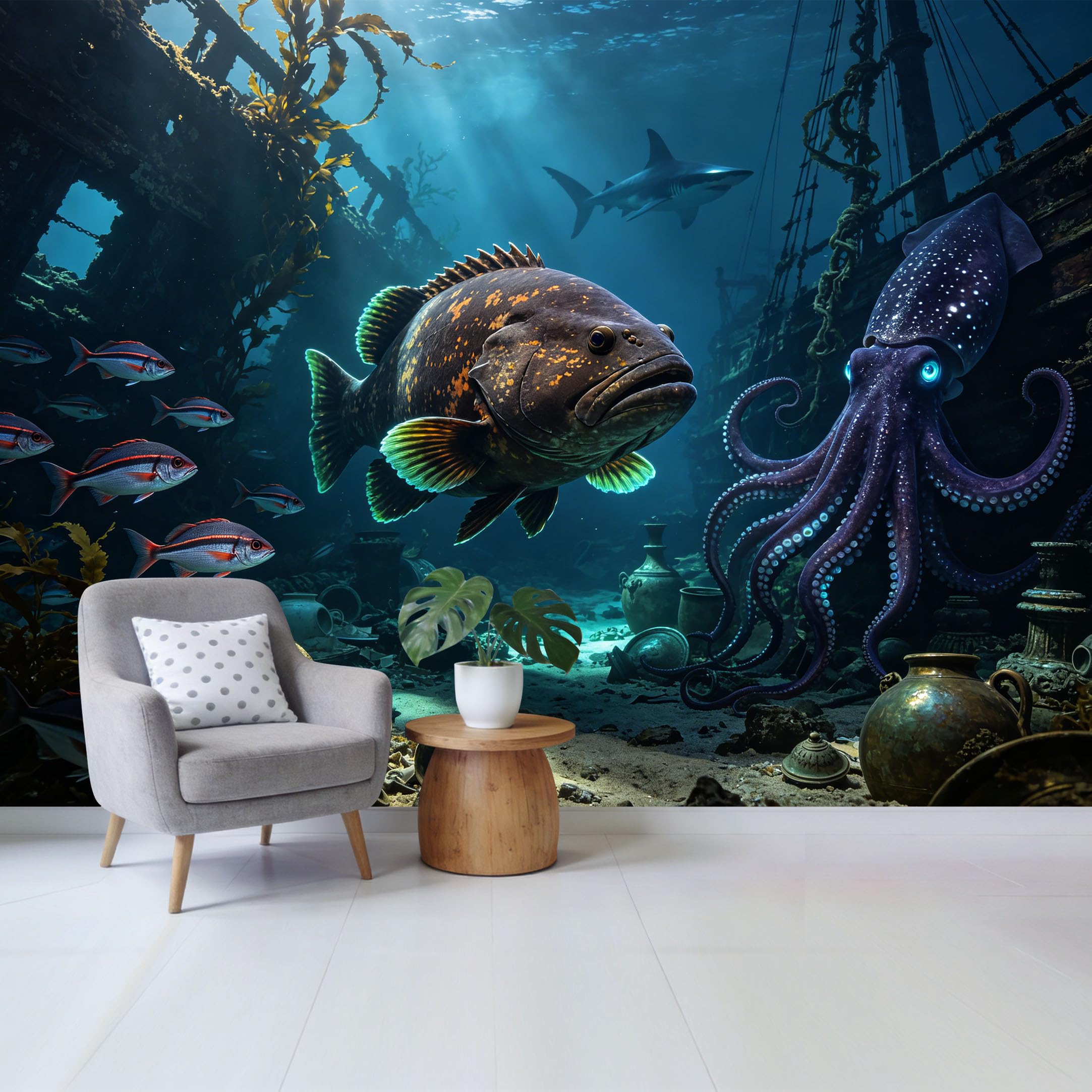 Custom Size Wall Mural Ocean Marine Underwater Shipwreck Scene Giant Fish Octopus Shark Removable Self Adhesive Fabric Home Wall Decor for Living Room Bedroom Bathroom