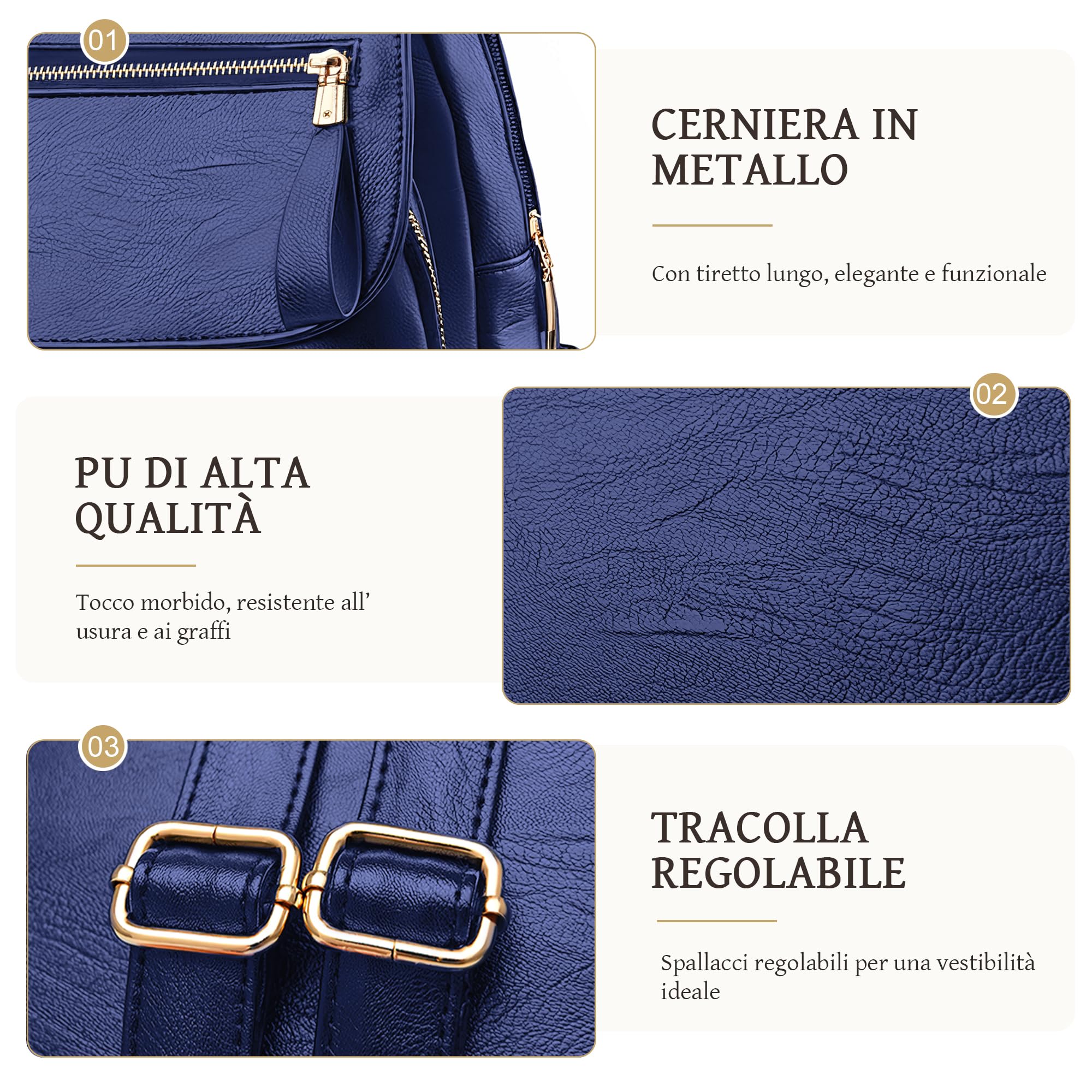 Zaino Donna Antifurto Elegante Zainetto Piccolo Impermeabile Pelle PU Borsa Zaino Moda con Tasche Multiple Zaino per Viaggio Casual Lavoro Shopping Università Blu