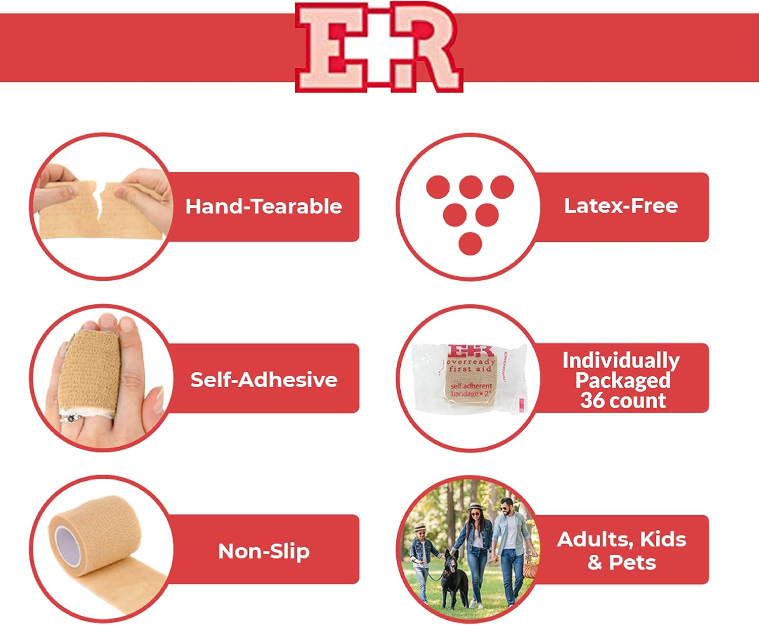 Ever Ready First Aid Self Adherent Cohesive Wrap Bandages, 2” x 5 Yards for First Aid, Sprains, Swelling, Sports, Pets, Tan – 36 Count - Image 2