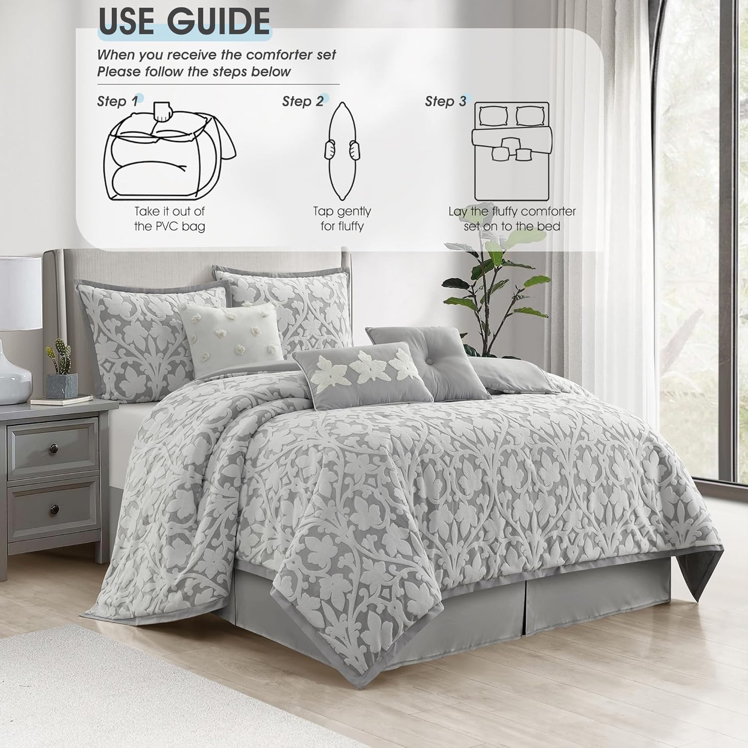 7 Pieces Comforter Set, California King, White Grey, Jacquard Floral Pattern and Classy Damask Medallion Design, Ultra Soft, Includes Bed Skirt, Shams and Decorative Pillows - Image 6