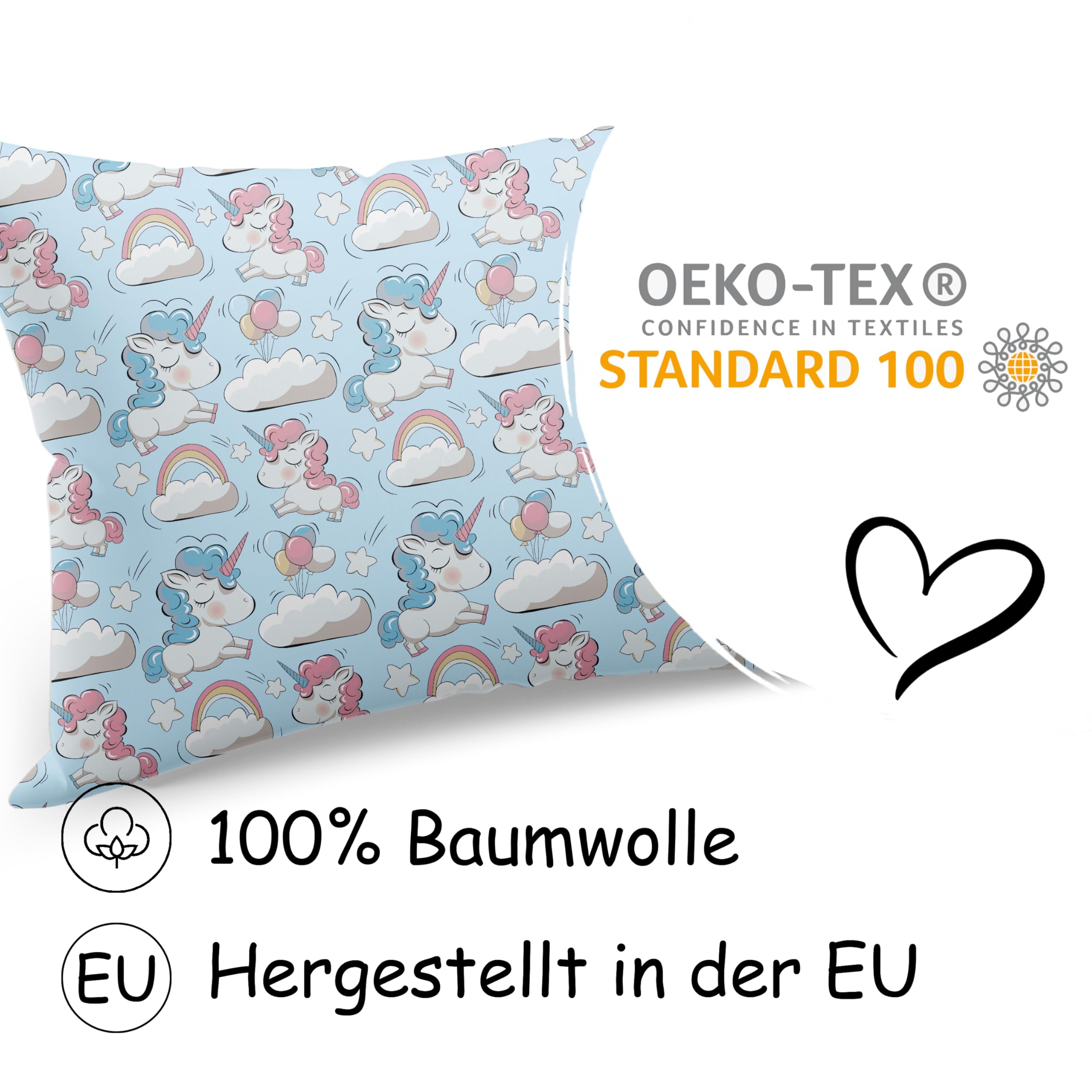 PinkZebra Federa per cuscino bambini 20x30 cm 100% cotone Ecotex Standard 100 chiusura lampo unicorno menta