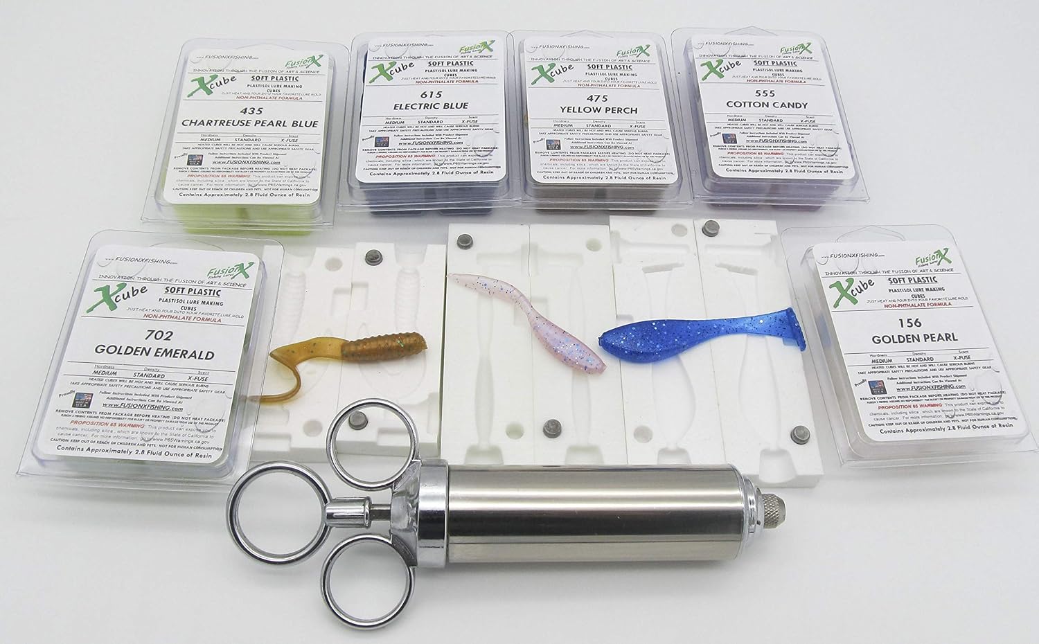 INJEX Gamefish Favorites Lure Making Kit - 3 Soft Plastic Injection Fishing Lure MOLDS Injector 6 Resin Colors - FusionX Fishing