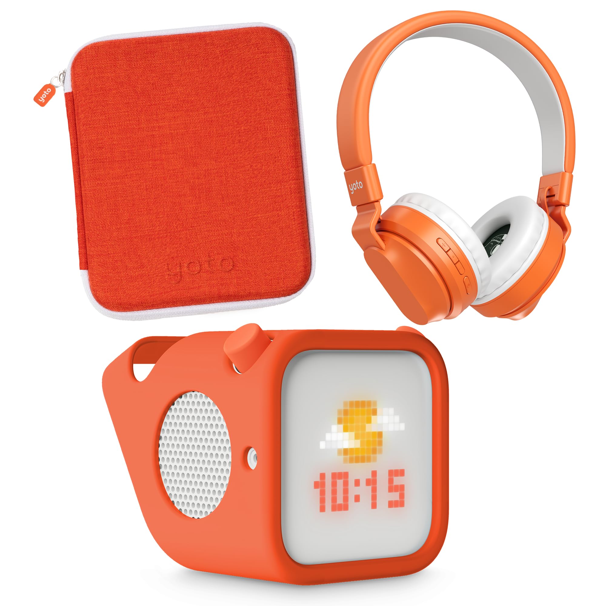 Yoto Player (3e génération) Pack Complet avec Casque Audio Bluetooth, Adventure Jacket (Housse de Protection) Orange, et Porte-Cartes Orange – Boîte à Histoires sans écran dès 3 Ans