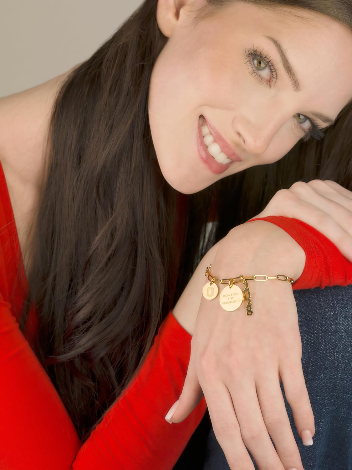 Stone Armory Bracelet for Ohio State University – OSU Buckeyes Jewelry - Paperclip Chain 18K Gold Finish Stainless Steel, Block O Logo + HOW FIRM THY FRIENDSHIP.- Adjustable up to 9in, Gift Pouch