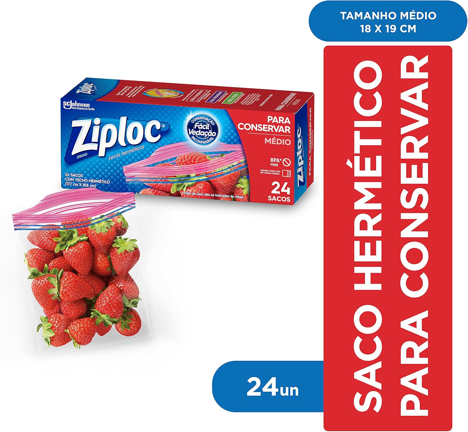 Ziploc Saco Hermético para Conservar Alimentos, Organizador, Médio, 24 Unidades