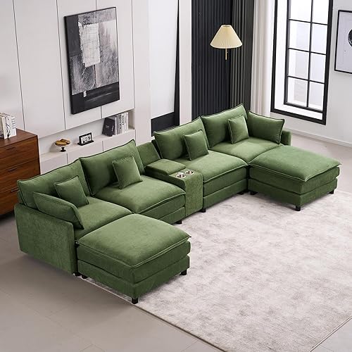 Modular Sectional Sofa, 144'' U Shaped Cloud Couch, Upholstered Sofa Set with Storage Console & Cupholders & USB Port, Comfy Recliner Sleeper Sofa Furniture with Ottoman for LivingRoom, Green