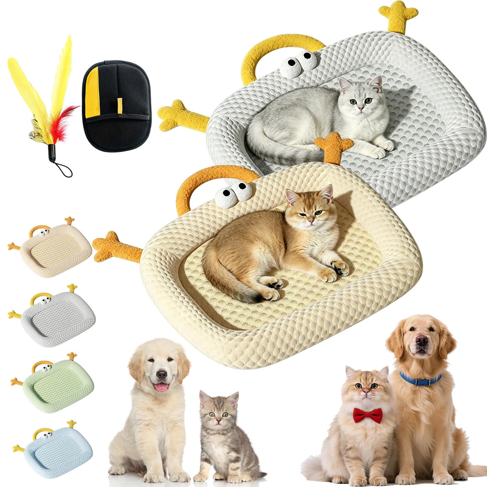 Summer Cooling Cat Bed, Dog Cooling Mat & Cat Cooling Bed, Ice Silk Pet Cooling Mat for Cat & Small Dog, Washable Non-Slip Cat Mat, Portable Summer Mat for Dog Crate, Couch & Car (1gray1yellow,S)