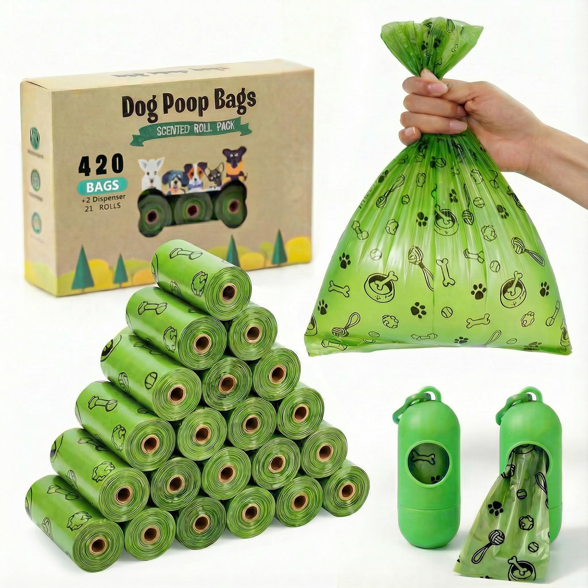 Heim & Elda Dog Poop Bags(420 Count), Biodegradable Poop Bags for Dogs, Leak Proof, Eco-Friendly Dog Waste Disposal Bags Refill Rolls with 2 Free Dispenser (Scented)