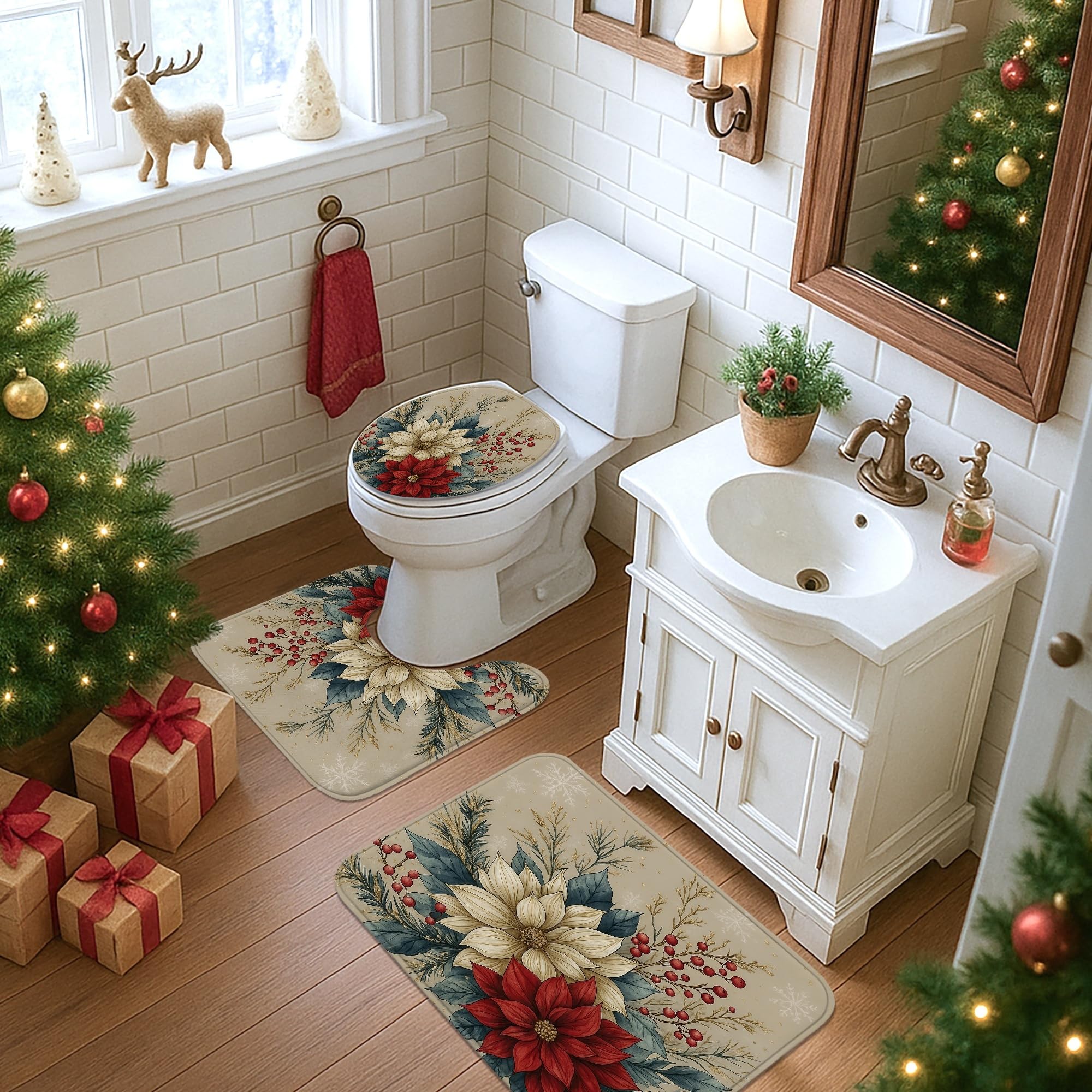 Set di 4 tende da doccia con motivo floreale, tappeto da bagno con motivo floreale rosso e crema, accessori per la decorazione del bagno, tenda da doccia moderna in tessuto impermeabile verde