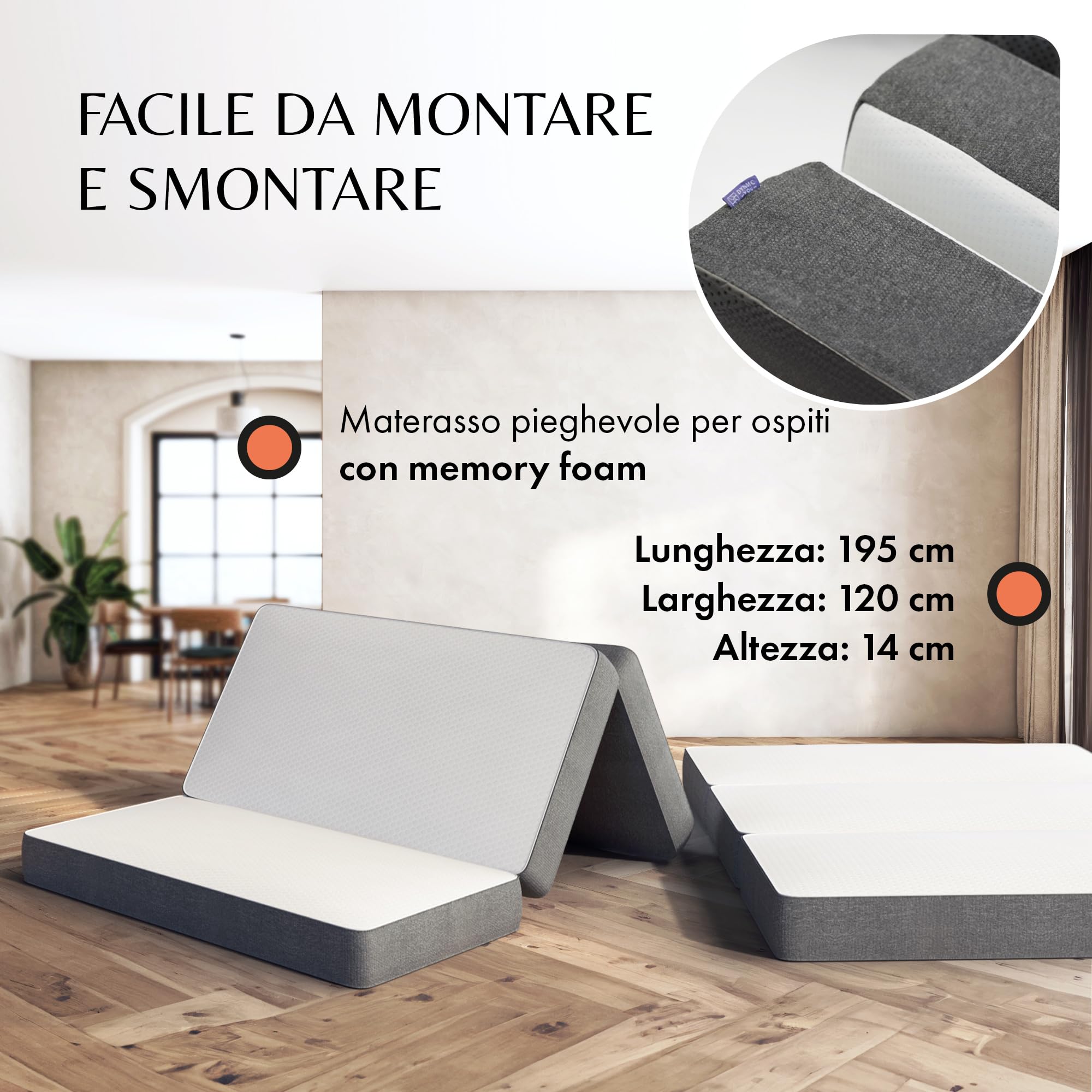 Materasso pieghevole 120x195 cm, 14 cm – comodo letto ospiti, salvaspazio