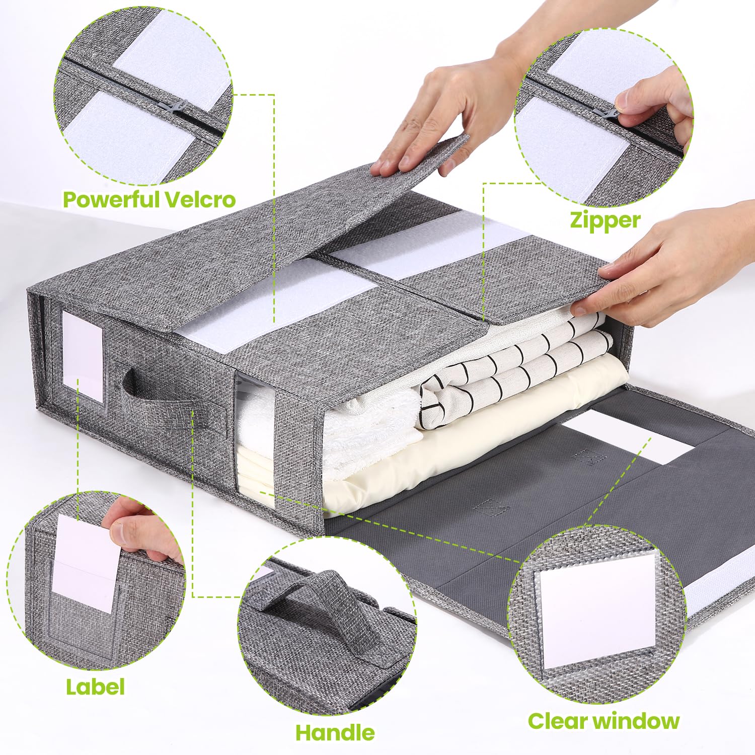 Boite Rangement Drap de Lit, 6 Pièces Sac de Rangement Vetement, Organisateur de Drap Pliable, Pouvant être Rangée Sous Lit, Organisateur Placard Vetement avec étiquette & Poignée, Gris