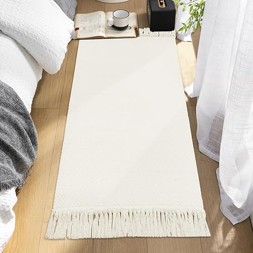 Miniatura 3 de MitoVilla Alfombra bohemia de baño de 2 x 4.3 pies, alfombra tejida de algodón blanco hueso para sala de estar, alfombras de cocina lavables