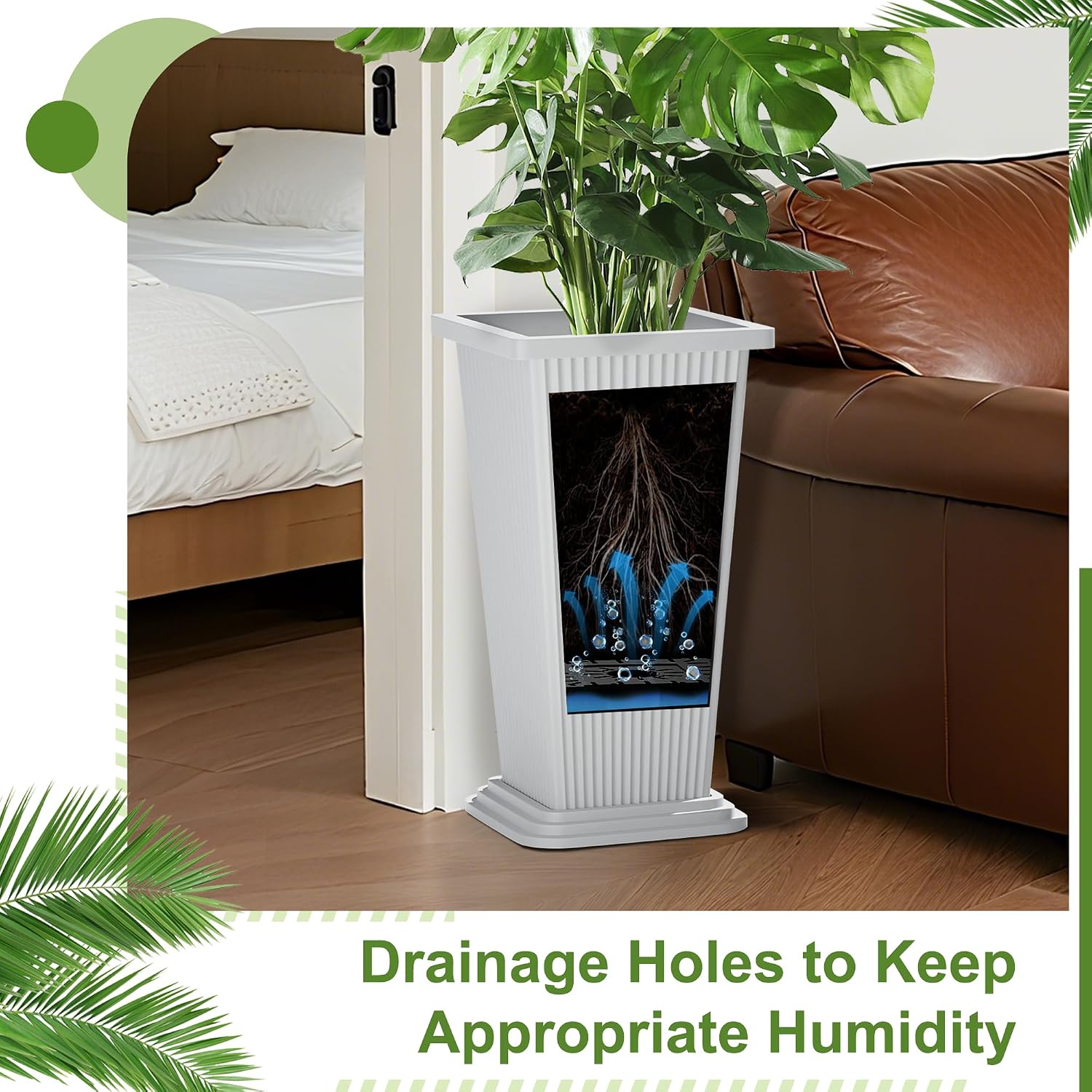 24" Tall Planters for Outdoor Plants, Set of 2 Large Outdoor Planters for Front Porch Decor with Drainage Hole, Front Porch Decor (Stripes-White)