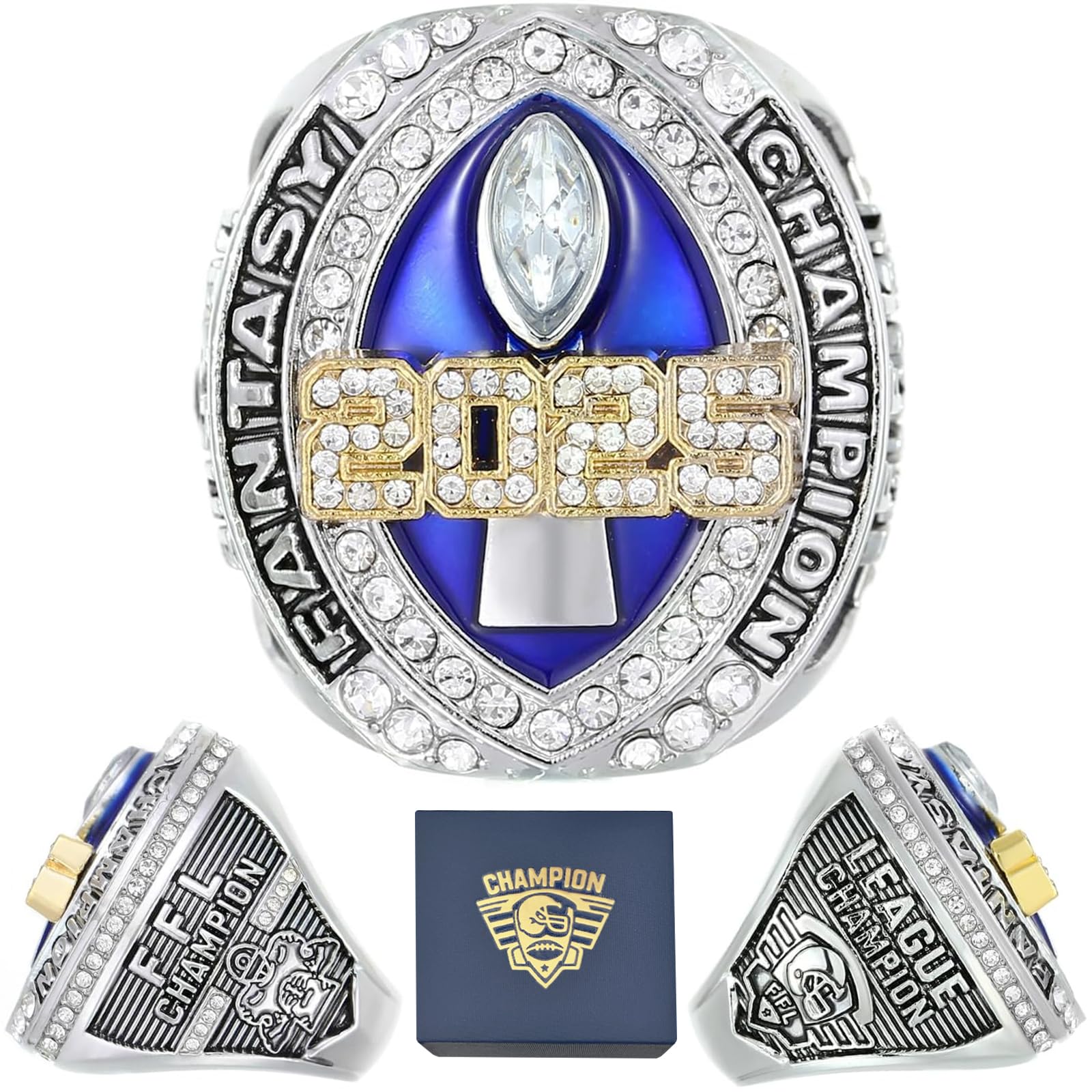 Numfog 2025 Fantasy Football Ring with Ring Box Trophy Award for Fantasy Football League Winner (R 59.5MM)