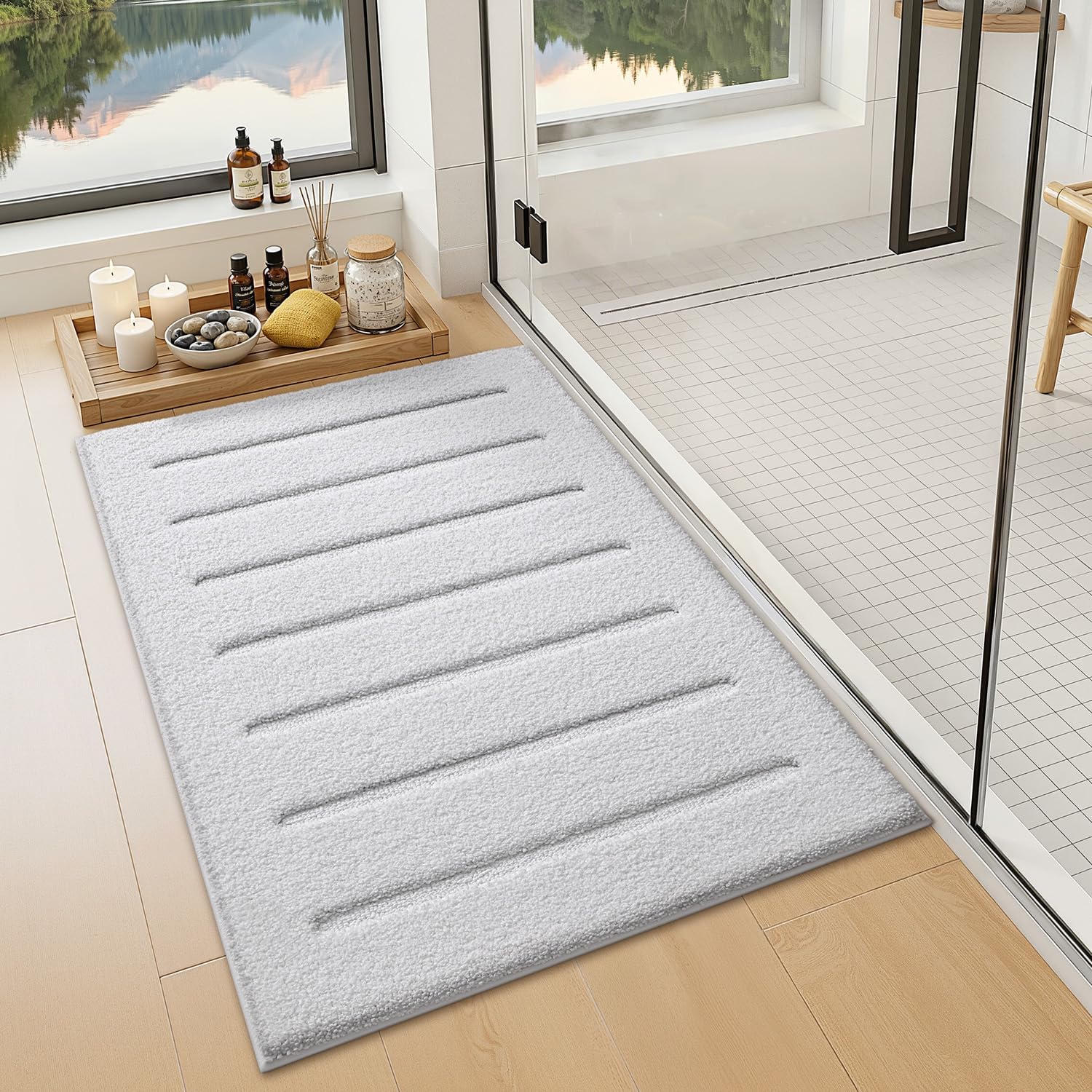 LUMI Soft Absorbent Bathroom Rugs, Non Slip Bath Mats for Bathroom, Fluffy Thick Striped Bath Rug with Washable, Ideal for Floor, Shower Tub, Entryway, 17"x30", White - Image 5