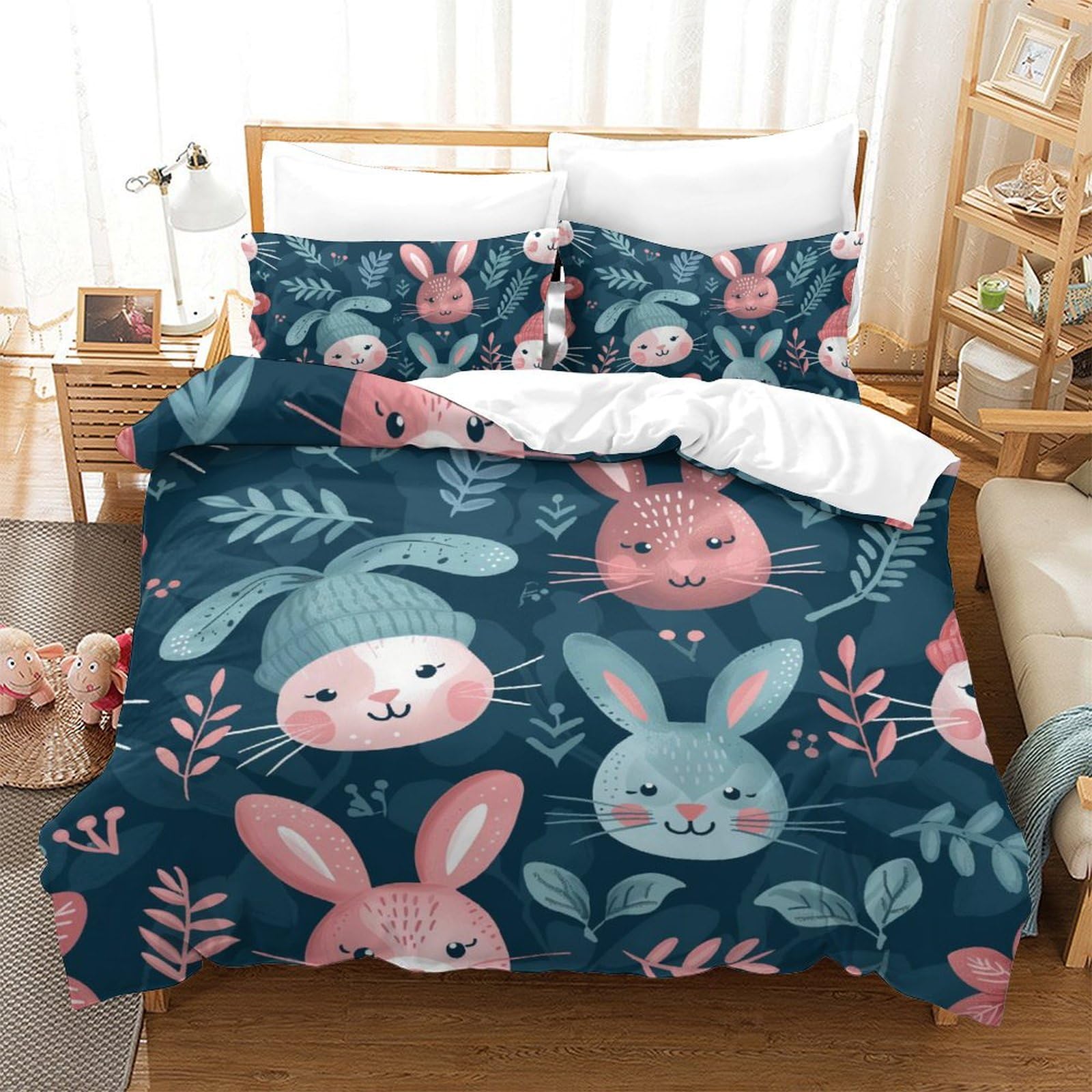Housse de couette lapin 200x200 microfibre 3D avec 2 taies d'oreiller