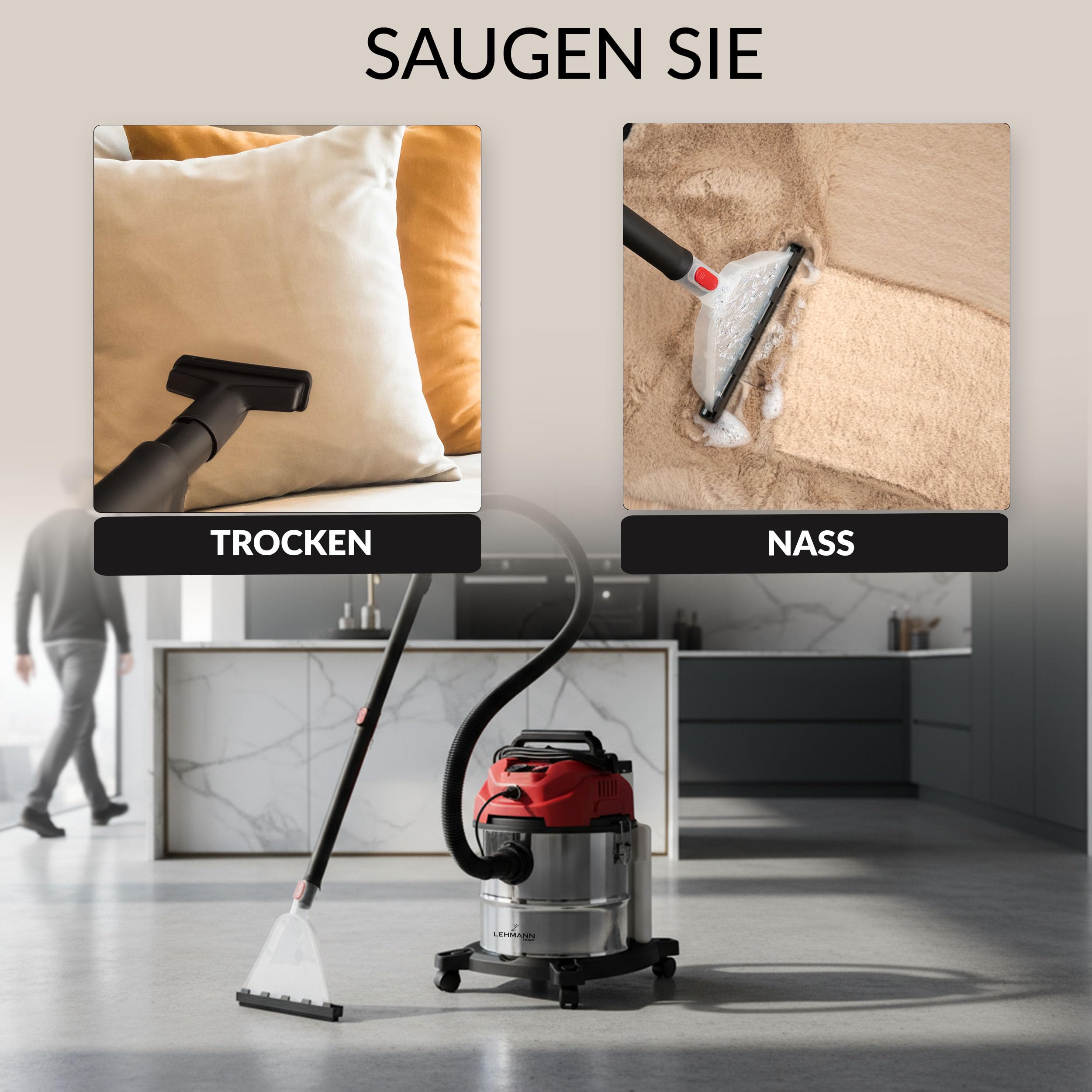 LEHMANN Waschsauger mit 20L-Behälter - 1600W - Polsterreiniger Gerät mit HEPA-Filter - 4,3L Reinigungsmitteltank - Teppichreiniger mit Sprühfunktion - Nass-/Trockensauger für Teppich und Polster