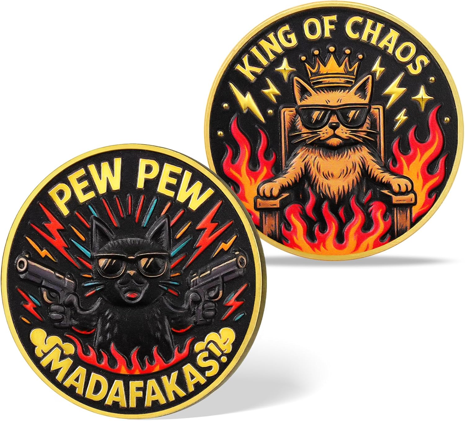 Pew Pew Cat Challenge Coin – King of Chaos | Cool Cat with Crown | Unique Medallion with Fire & Lightning Design | Fun Gift for Cat Lovers & Bold Spirits