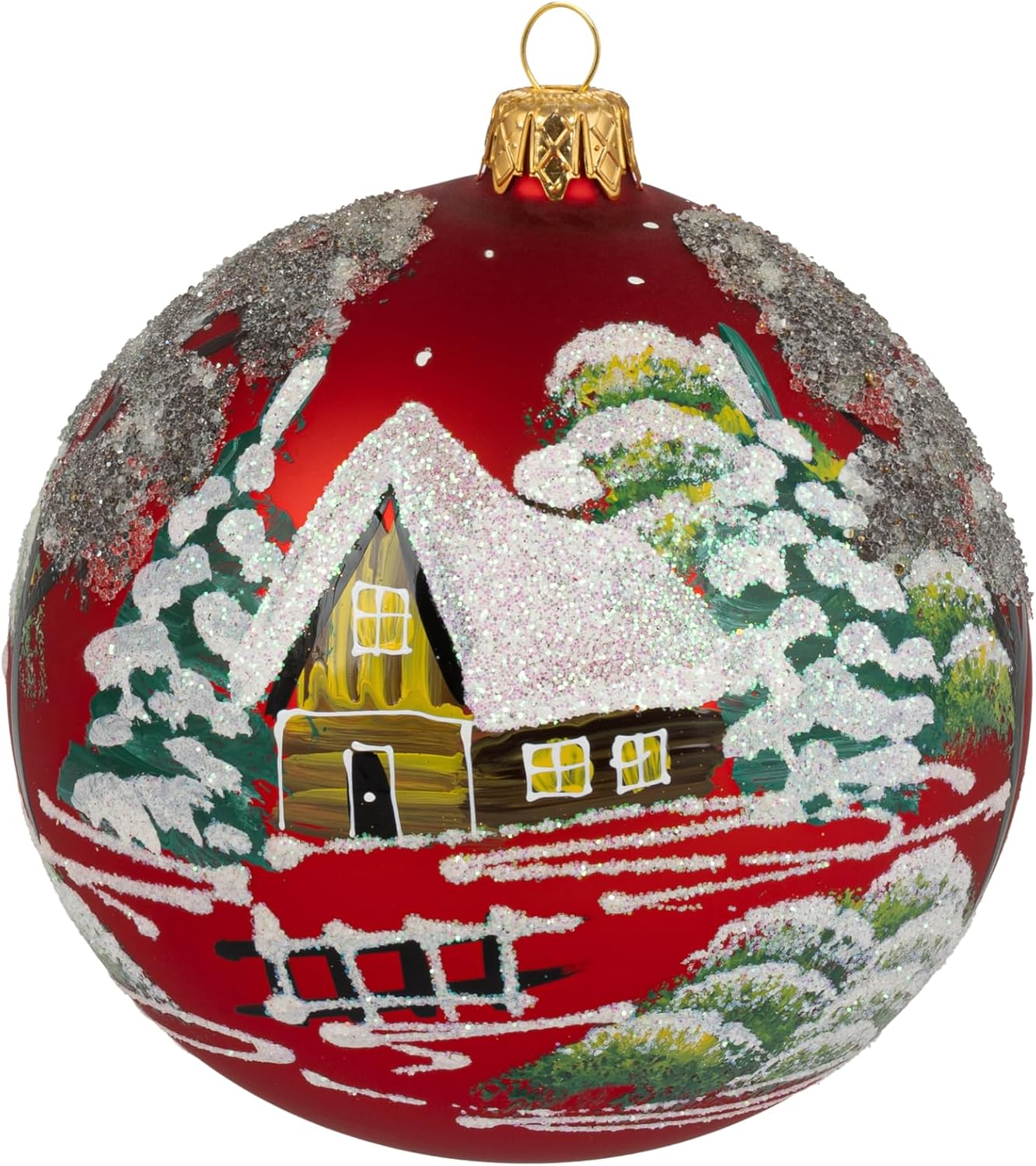 Christmas Ornament Countryside Church and Log Houses Landscape Blown Glass Ball Red Matte 5-inch Ø / 120mm