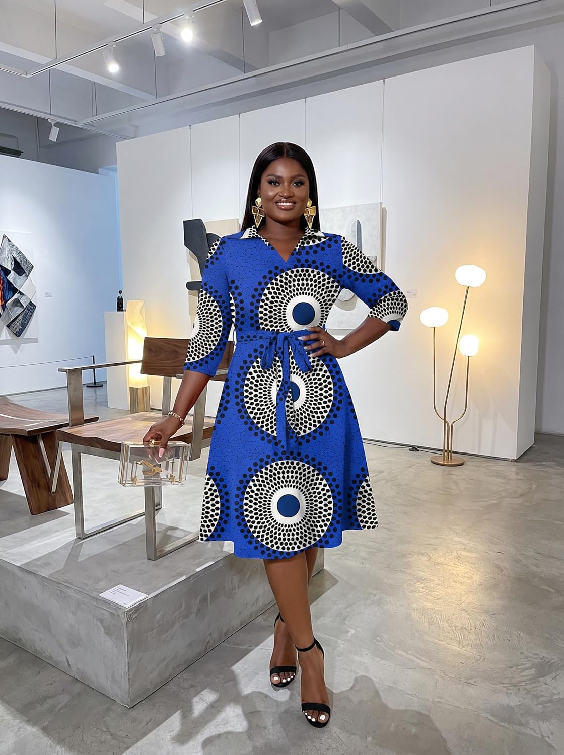 FANDEE Plus Size Midi Dress for Women - Printing Summer Dresses for Wedding Guest Cocktail Party 3/4 Sleeve V Neck(L-5XL) - Image 8