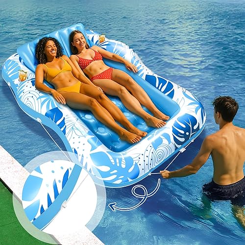 Miniatura 6 de Tumbona de piscina bronceadora – Flotador inflable grande de 59 x 78.7 pulgadas para adultos, bañera de sol 2 en 1 y balsa de descanso con soportes