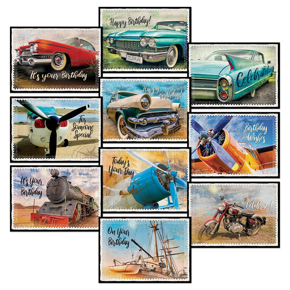 Current Vintage Transport Birthday Greeting Cards - Set of 20 (2 each of 10 Designs), 5 x 7 Inches, Classic Cars, Airplanes, Trains, Envelopes