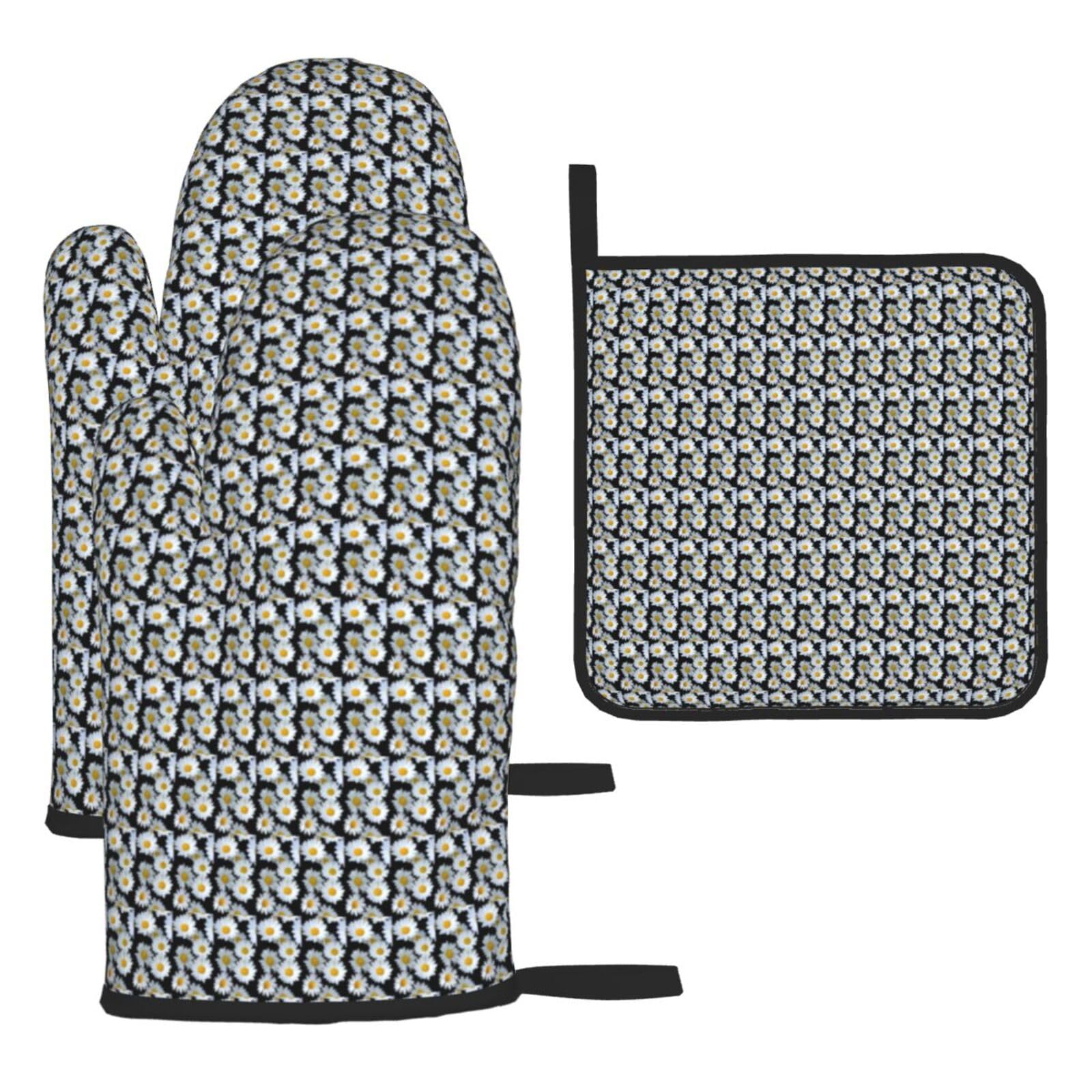 Daisies White Print Oven Kitchen Gloves For Baking Outdoor Grilling Home Use Mitts Microwaving Bbq