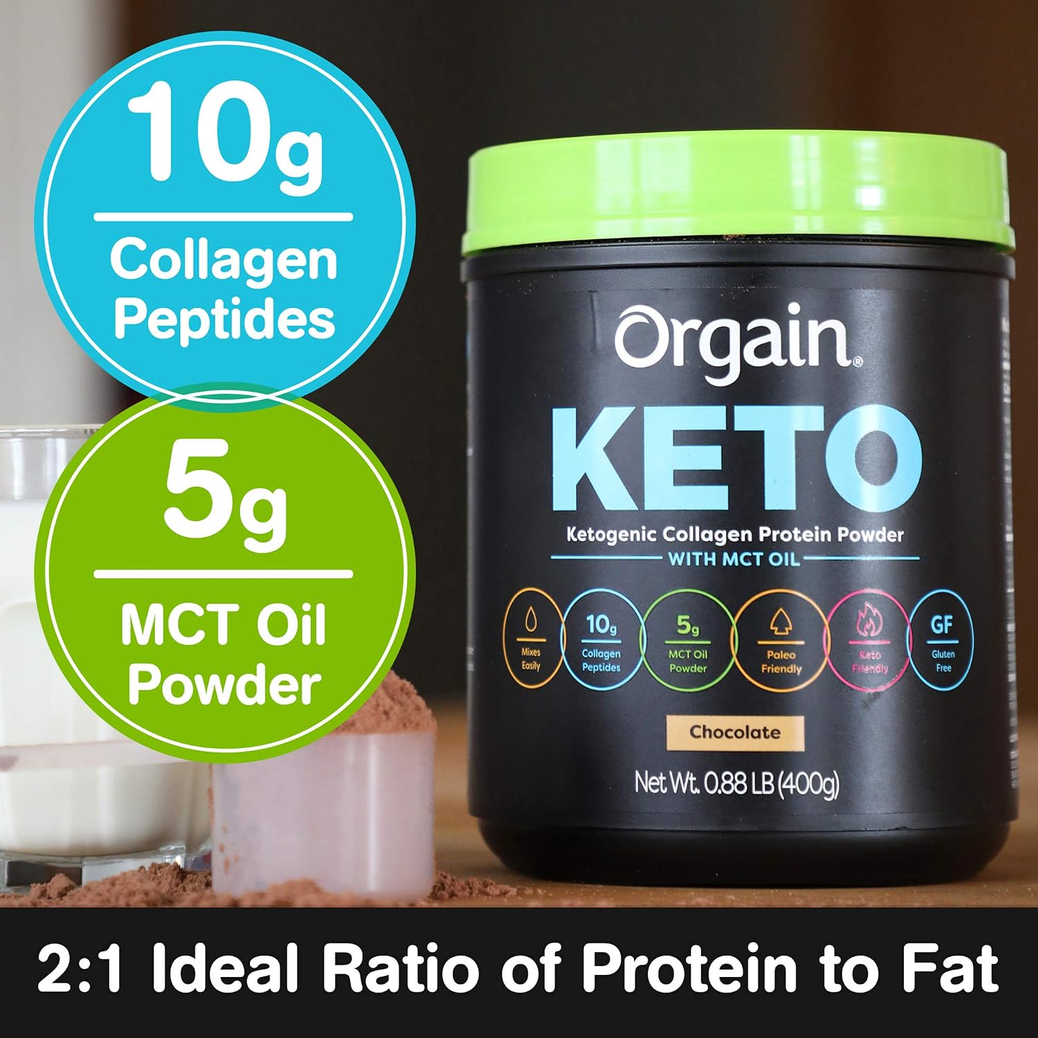 Orgain Keto Collagen Protein Powder with MCT Oil, Chocolate - Paleo Friendly, Grass Fed Hydrolyzed Collagen Peptides Type I and III