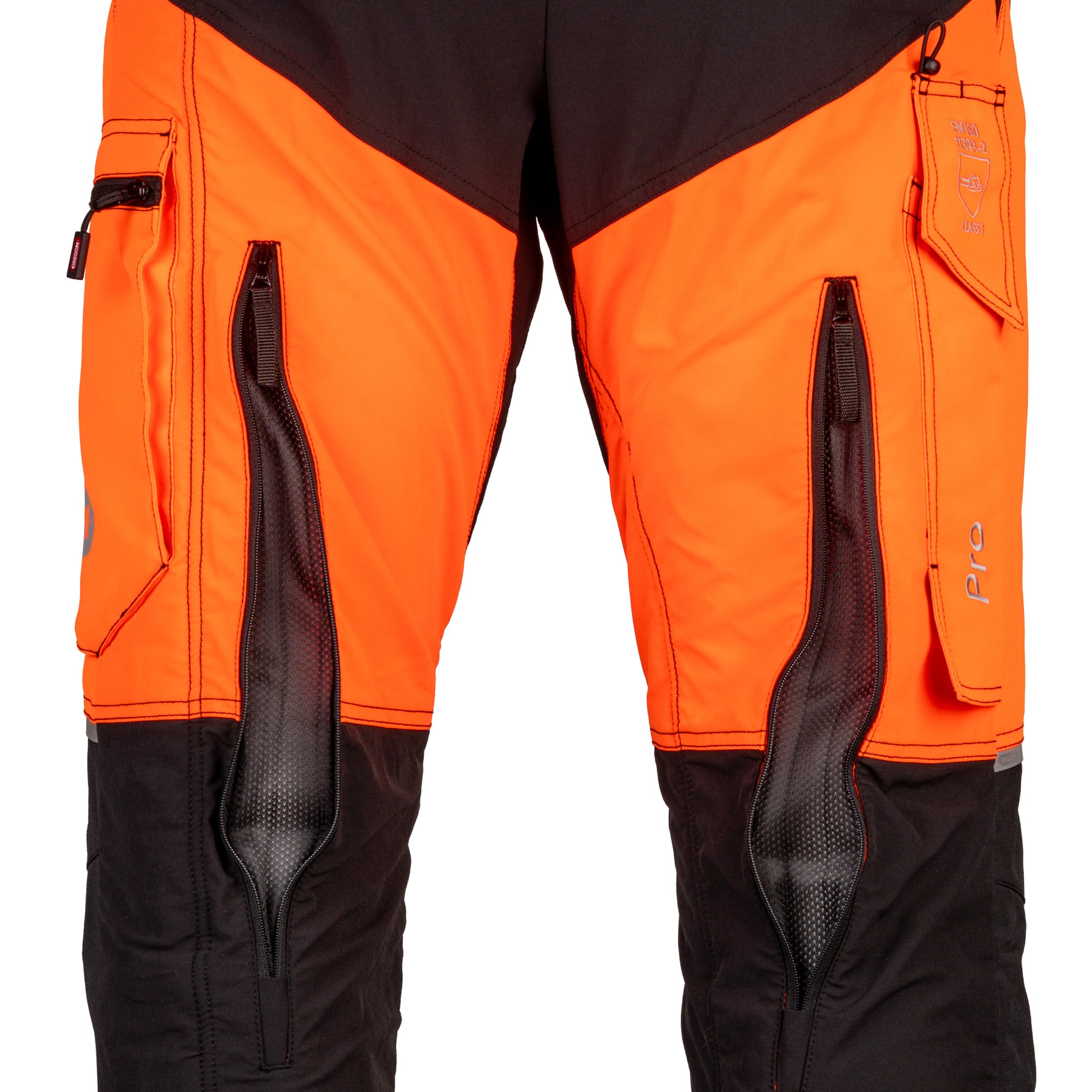 Oregon Protect Pro Schnittschutzhose, Für Damen und Herren, Hi-Vis-Arbeitshose, Atmungsaktive Arbeitskleidung mit 4-Taschen-Design, Forsthose für Motorsägen, rot/gelb, orange/schwarz
