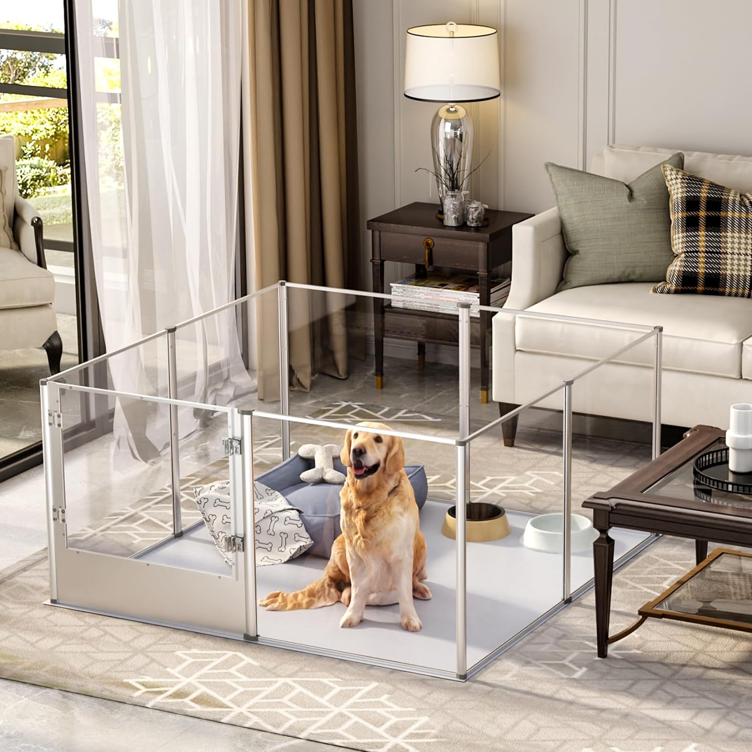 BingoPaw Clear Dog Playpen Fence: 32” Extra Tall Indoor Doggy Acrylic Pen Made by Metal Frame - 52”x52” Transparent Pet Whelping Box with Waterproof Bottom