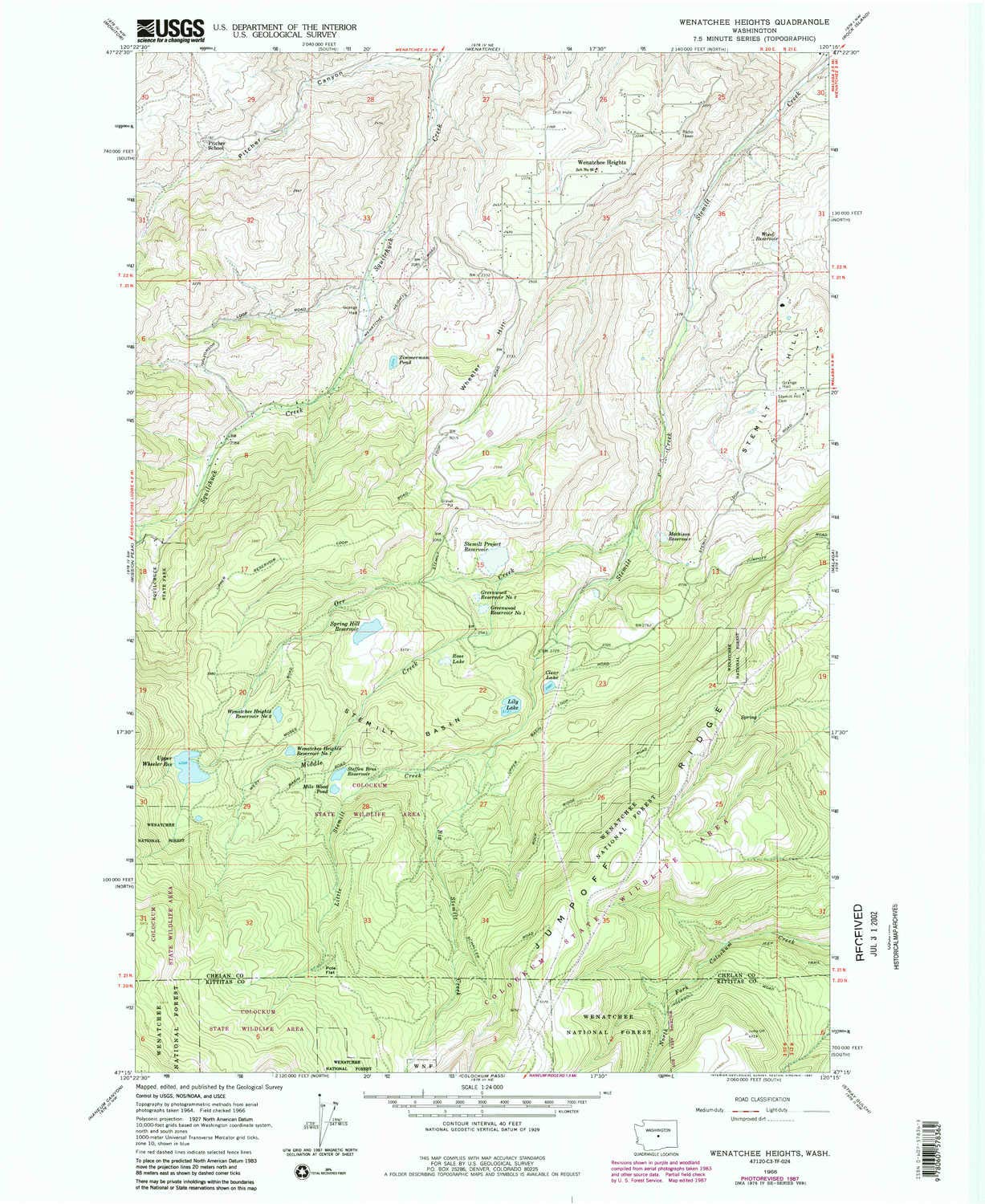YellowMaps Wenatchee Heights WA topo map, 1:24000 Scale, 7.5 X 7.5 Minute, Historical, 1966, Updated 1987, 26.9 x 22 in