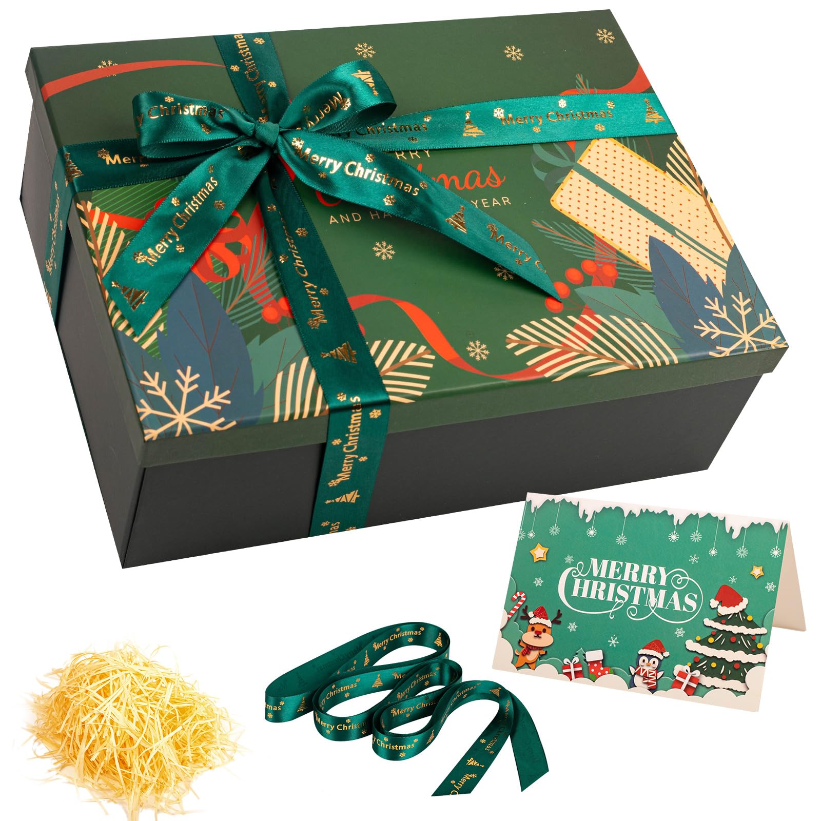 Dark Green Christmas Boxes for Gift Medium/Large Christmas Eve Box 29x21x10cm Thick Luxury Xmas Gift Boxes for Presents with Lids Ribbon Card, Foldable Xmas Eve Box for Gifts Kids Adults — image 1